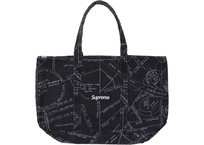 Gonz Map Denim Tote Bag - Washed Black Vintage Style Crossbody Shoulder Bag for Women - Perfect for Travel, Shopping & Everyday Use