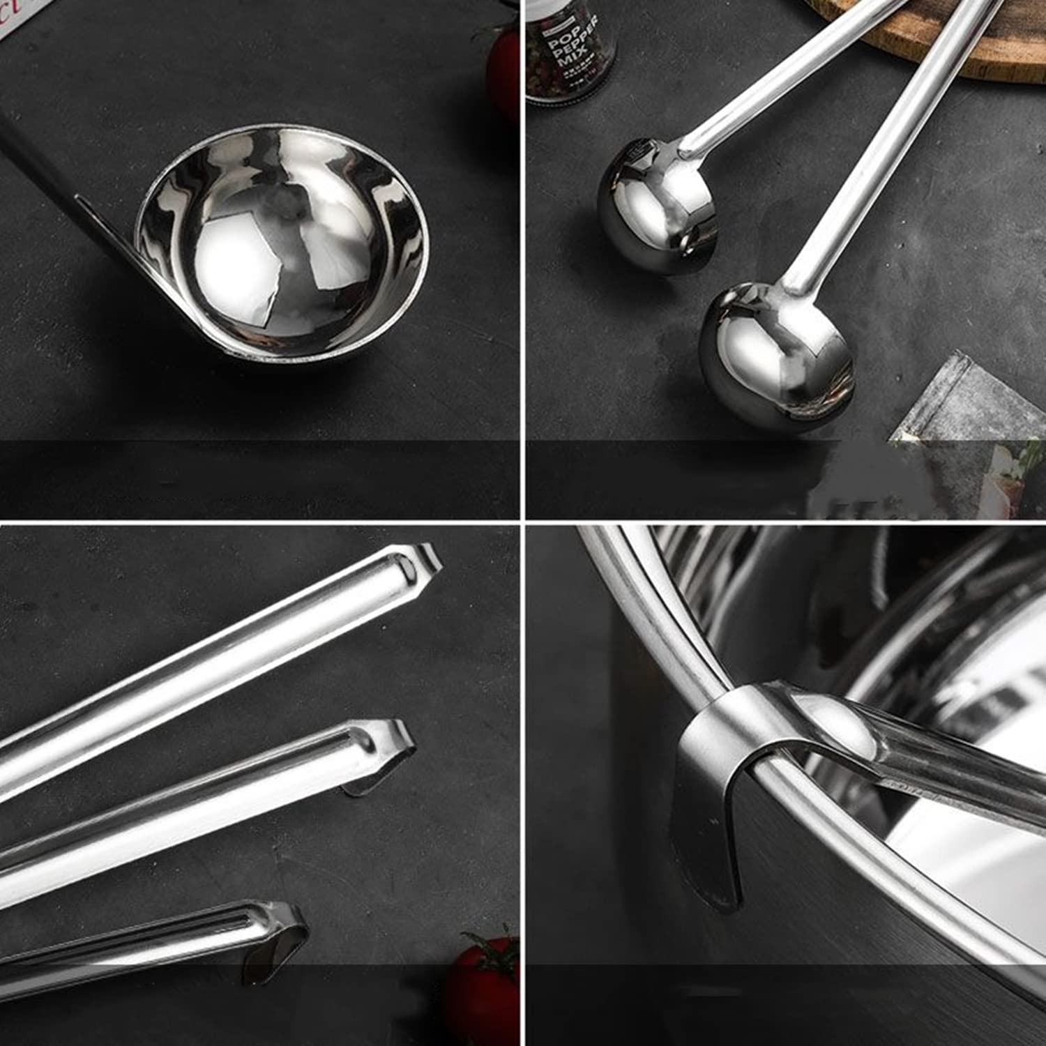 Odowalker 5-Piece Stainless Steel Soup Ladle Set with Hooked Handle & Pouring Rim - 1oz, 2oz, 4oz, 6oz, 8oz Long Handle Kitchen Ladles for Cooking, Serving Soup, Sauce, Gravy & Stews - Perfect for Home Chefs & Restaurants