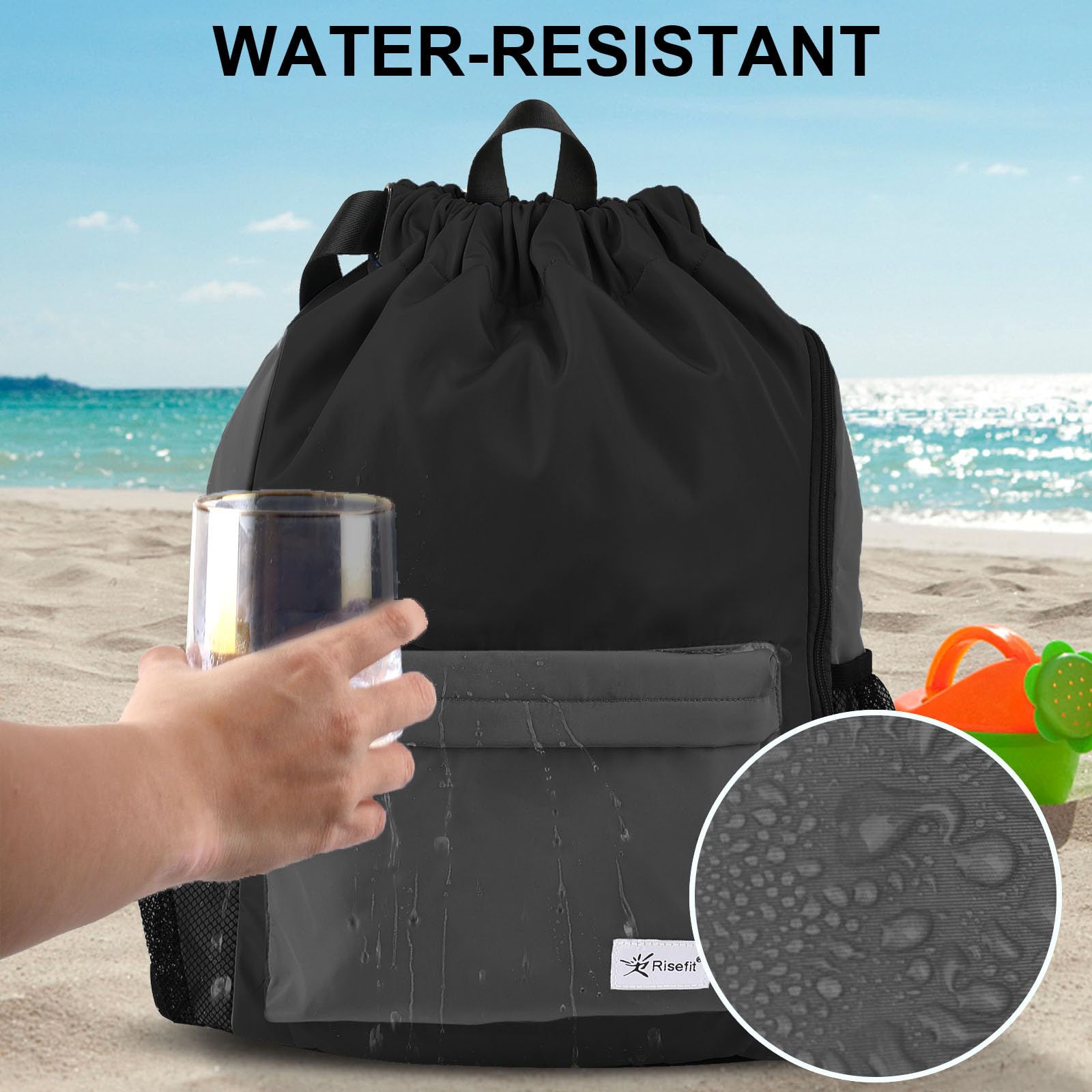 **Drawstring Backpack with Mesh Pockets - Lightweight Gym Bag, Sandproof & Water Resistant Sackpack for Men & Women - Perfect for Beach, Travel, Sports & Workouts**