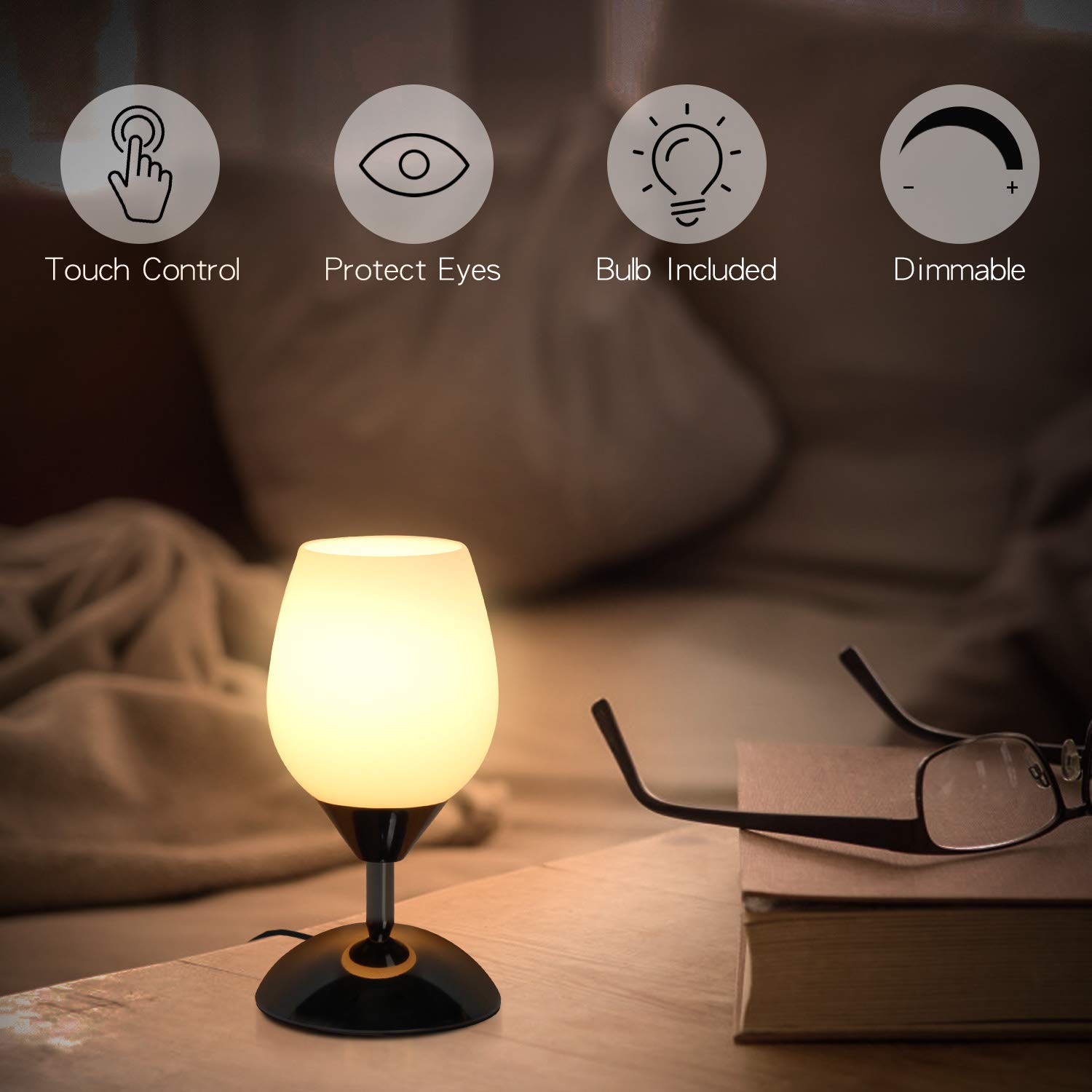 Boncoo Touch Control Dimmable Table Lamp with Opal Glass Shade - Modern Nightstand Lamp for Bedroom & Living Room, E12 Bulb Included | Perfect Bedside Reading Light & Cozy Ambient Lighting