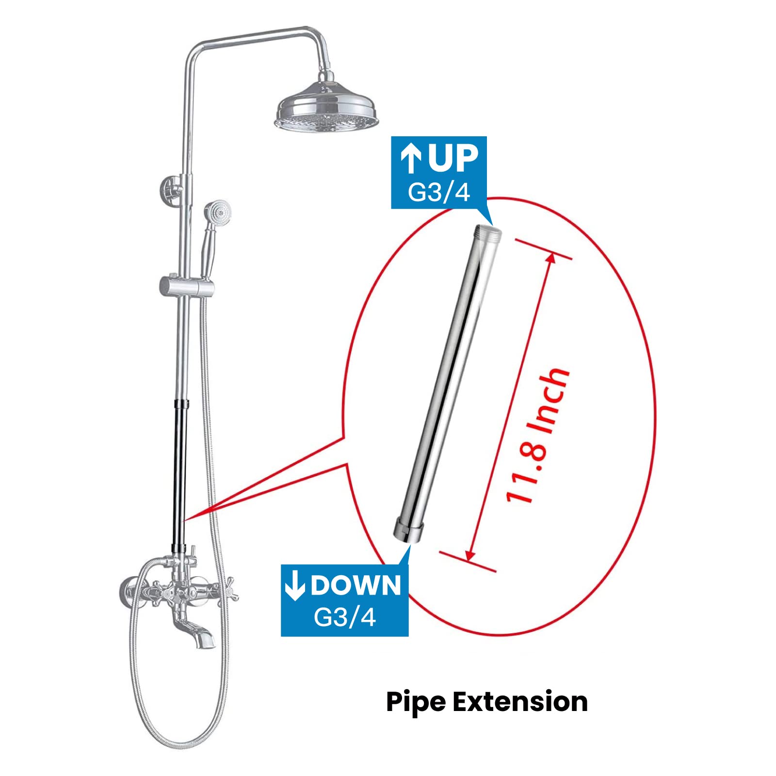 Gotonovo G3/4 Shower Extension Tube - 12 Inch Polished Chrome Shower Extender Bar for Taller Shower Height - Perfect for Outdoor, RV & Bathroom Shower Pipe Extension