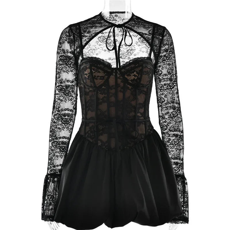 Sexy Black Lace Puffball Mini Dress for Women - Long Flare Sleeve Sheer Club Party Dress with Lace Up & High Waist | Perfect for Night Out, Date Night, and Special Occasions
