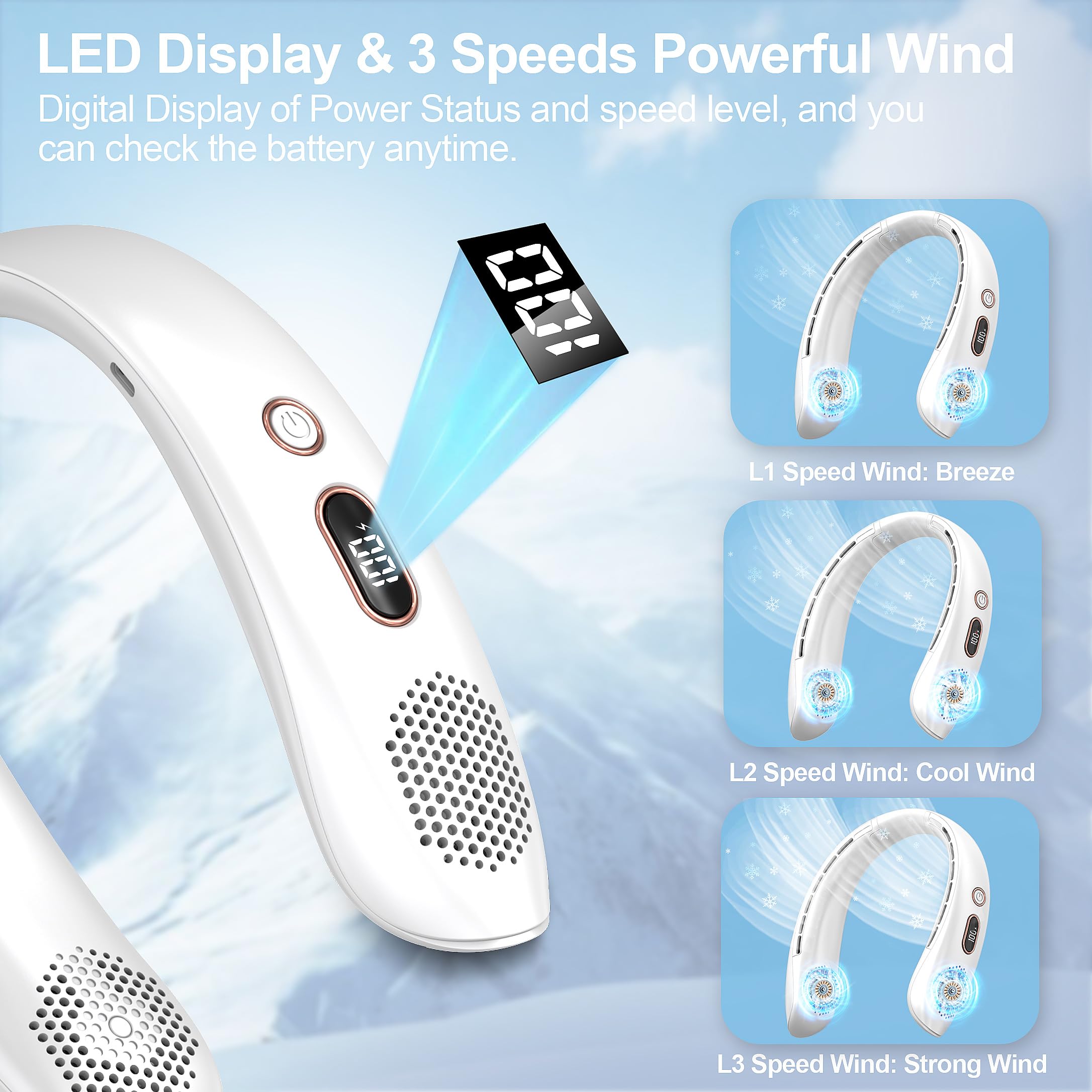 VEKK Bladeless Neck Fan - 6000mAh USB Rechargeable Wearable Personal Fan with LED Display, 360° Cooling, 3 Speed Settings & Ultra Quiet Operation - Perfect for Travel, Outdoor Activities, Camping, Office, Gym & Summer Heat Relief