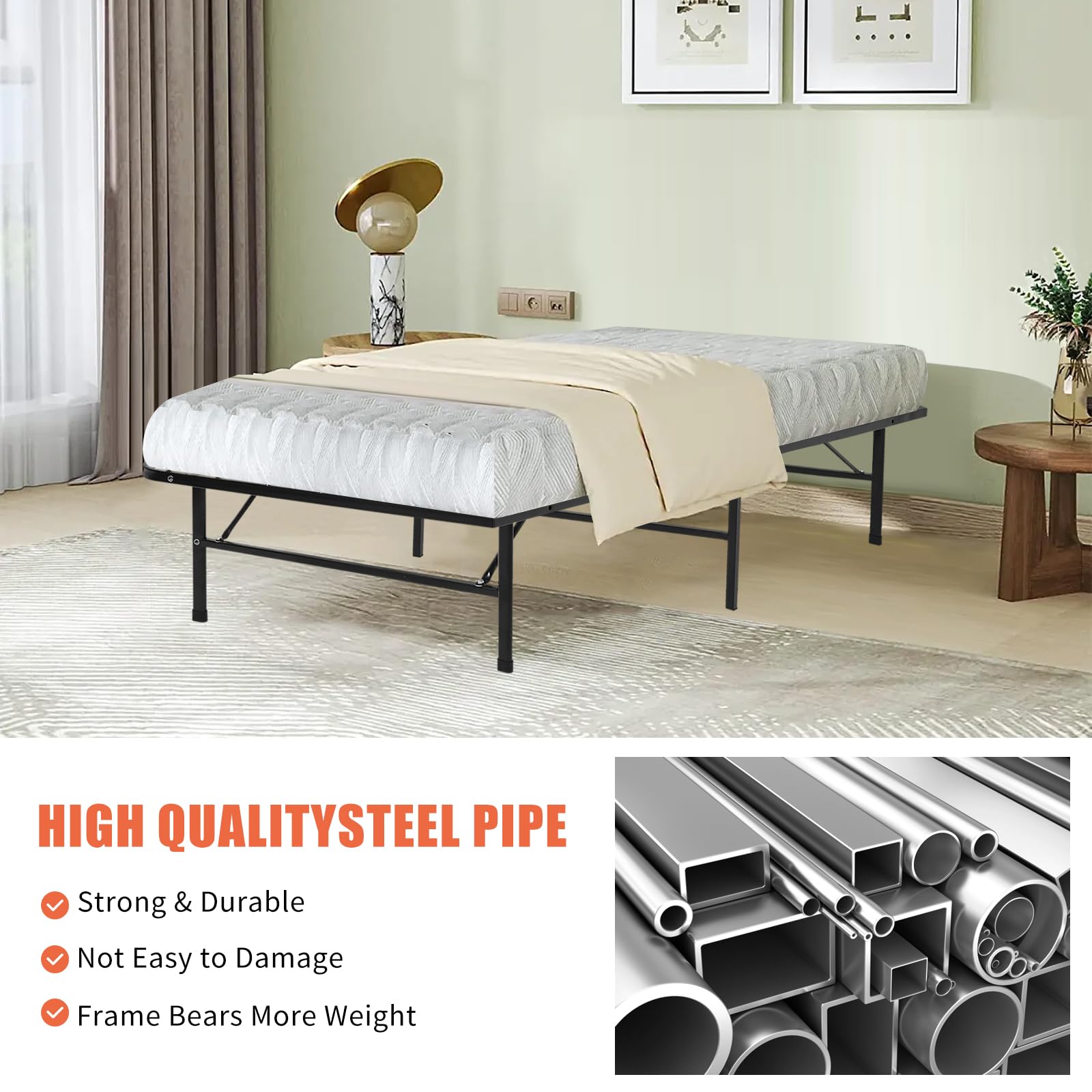 BLKMTY Twin Size Foldable Metal Platform Bed Frame - Heavy Duty Steel Slat Support for Mattress, No Box Spring Needed, Noise Free, Holds Up to 500lbs - Black | Perfect for Small Spaces, Guest Rooms & Dormitories