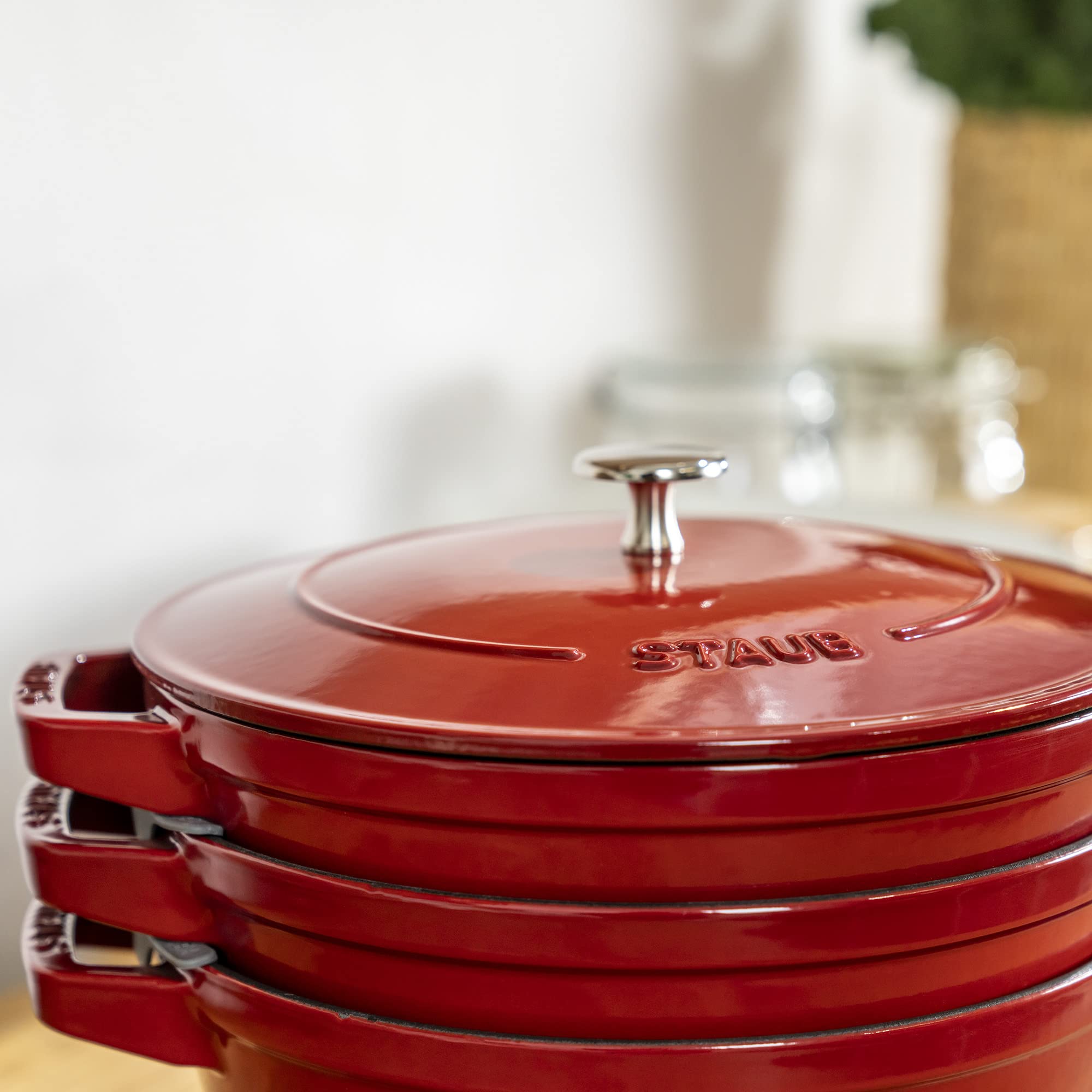 STAUB 4-Piece Cast Iron Cookware Set - Stackable Dutch Oven, Skillet & Grill Pan with Universal Lid - Premium French-Made Cherry Red Cookware for Baking, Roasting & Grilling - Perfect for Home Kitchens & Outdoor Cooking