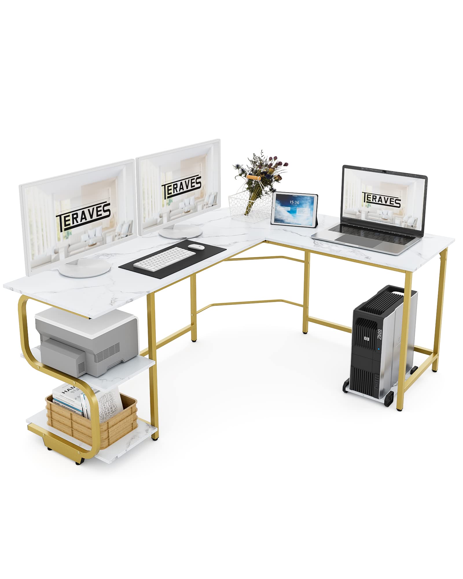 Teraves 69 Inch Reversible L-Shaped Desk with Large Surface & Storage Shelves - Sturdy Corner Computer Desk for Home Office, Gaming & Workstation | Perfect for Small Spaces & Multi-Monitor Setups
