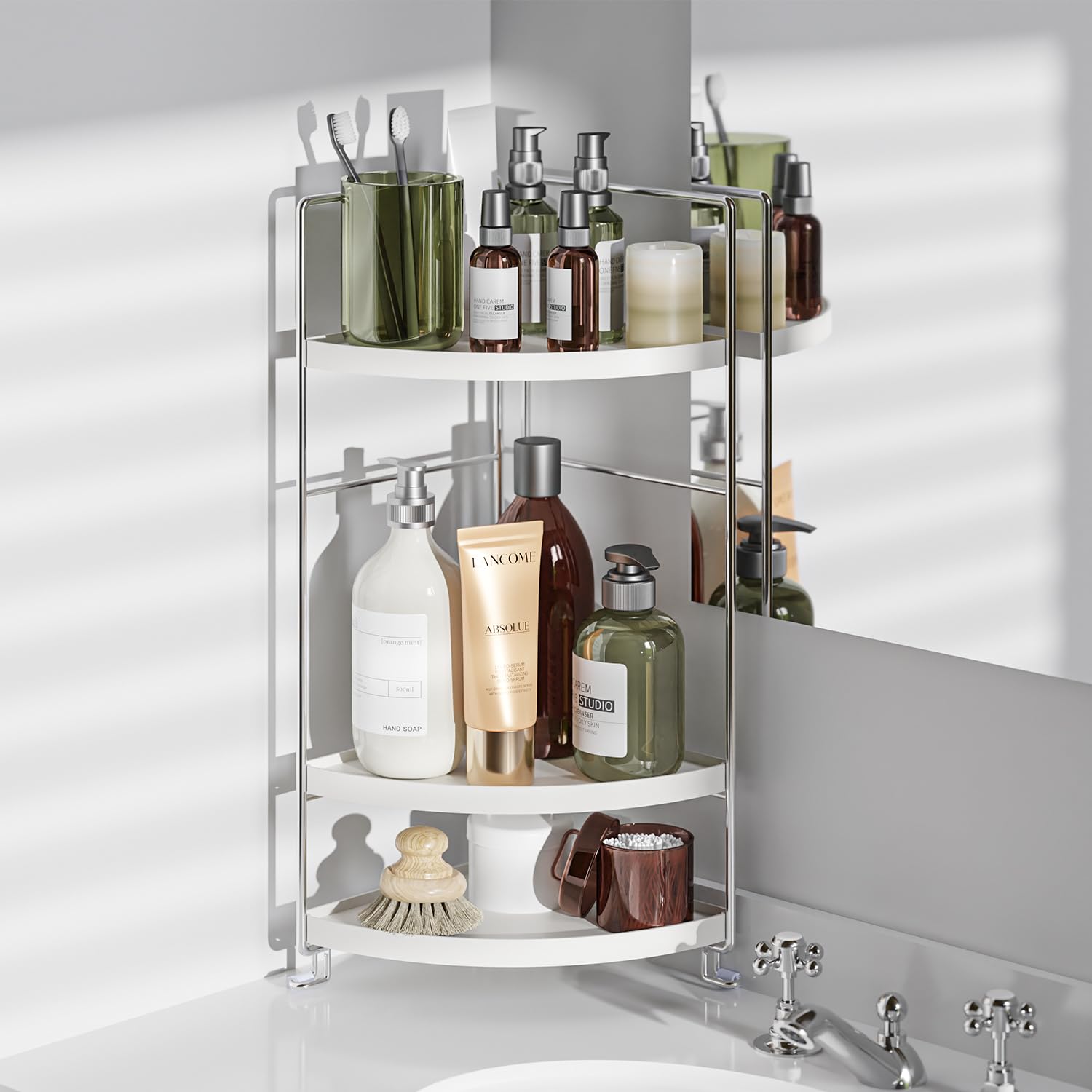 3-Tier Corner Spice Rack - White Kitchen & Bathroom Organizer for Spices, Cosmetics & Makeup - Space-Saving Countertop Shelf for Vanity, Pantry & Small Spaces