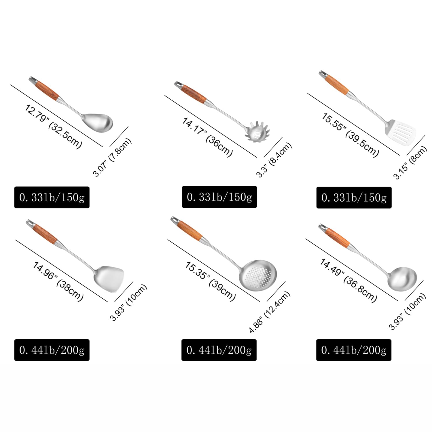 Premium 6-Piece Stainless Steel Kitchen Utensil Set with Wooden Handle - Wok Spatula, Ladle, Skimmer, Slotted Turner, Spaghetti Spoon & Large Spoon for Cooking, Frying & Serving - Ideal for Home Chefs & Restaurant Use