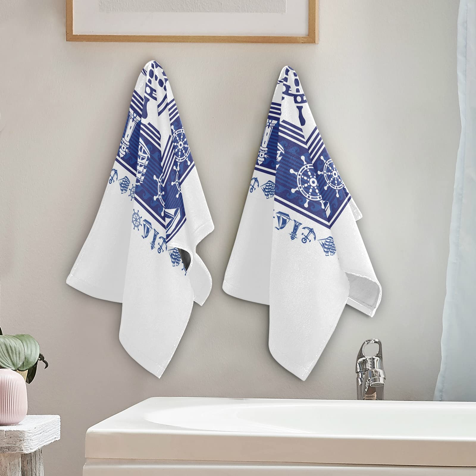Premium Nautical Sailboat Anchor Wheel Lighthouse Hand Towels - Set of 2 Blue Bath Towels, 28x14.5 Inch - Super Soft & Highly Absorbent for Bathroom, Gym, Spa & Hotel Use - Perfect Coastal Decor & Functional Hair Towel for Beach House, Guest Bath & Seaside Themed Rooms