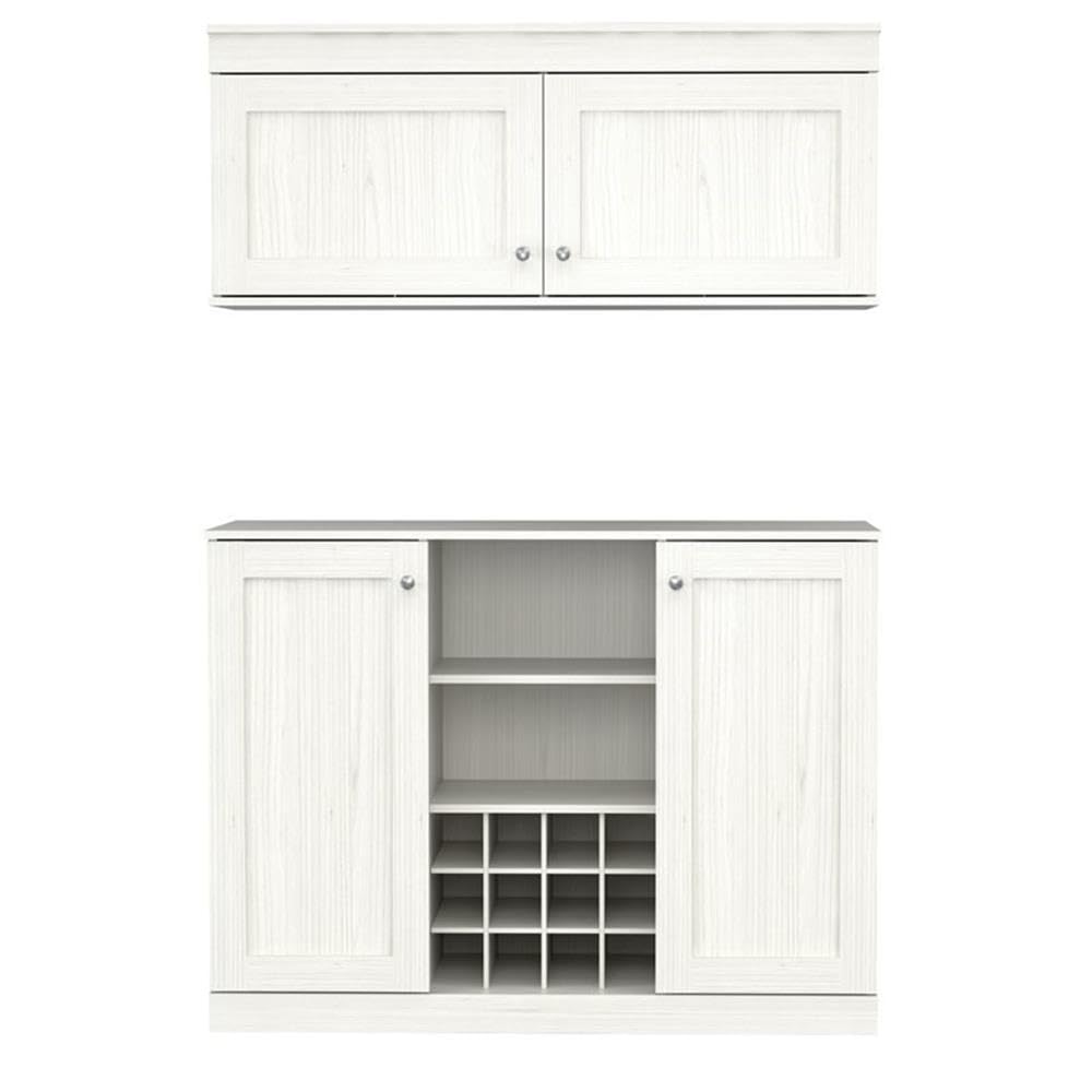 2-Piece Wall Mounted Buffet Storage Cabinet Set with 12-Bottle Wine Rack - Washed Oak Shaker Style for Dining Room & Kitchen Organization