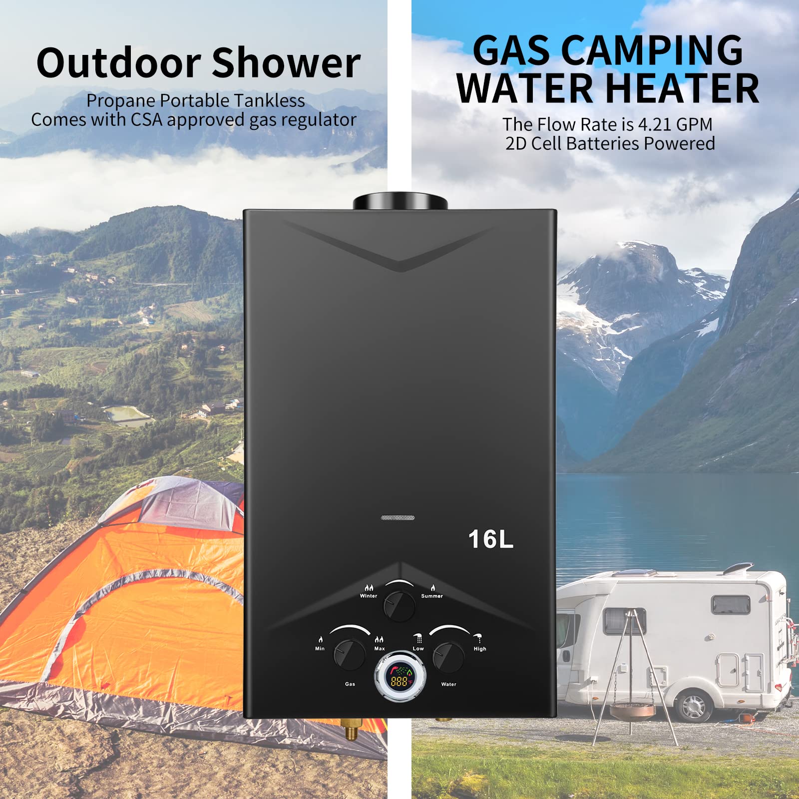 4.21GPM 16L Outdoor Portable Tankless Propane Water Heater with Digital Display - Instant Hot Water for Camping, RV, Boat Cabins & Off-Grid Living - Multi-Protection Safety System