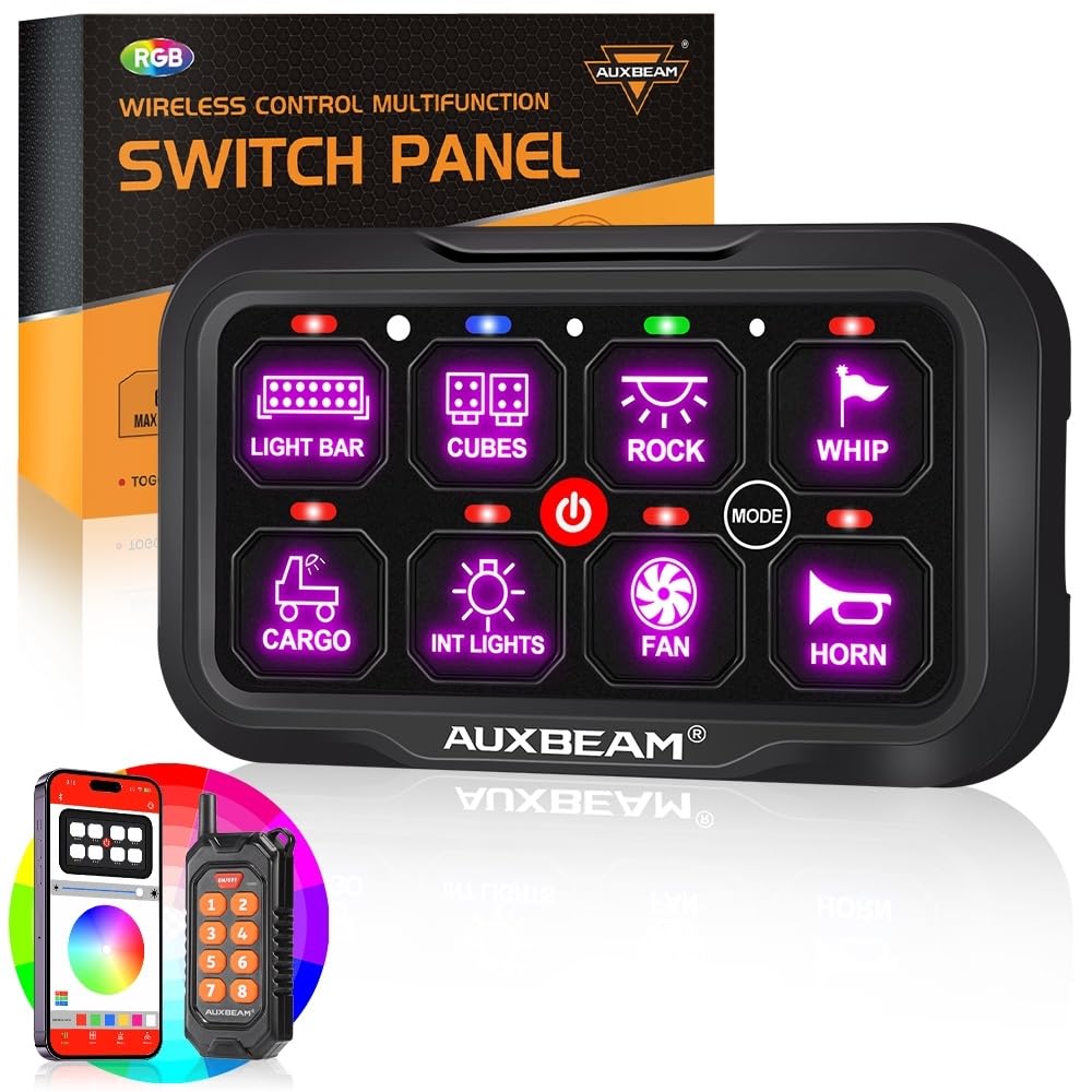 Auxbeam 8 Gang Switch Panel Bluetooth RGB AC-800 with APP & Remote Control - Waterproof Toggle Switch Panel for Truck, Offroad, UTV, ATV, Car, Marine (12-24V) - 2 Year Warranty | Perfect for Off-Road Adventures, Marine Applications & Vehicle Customization