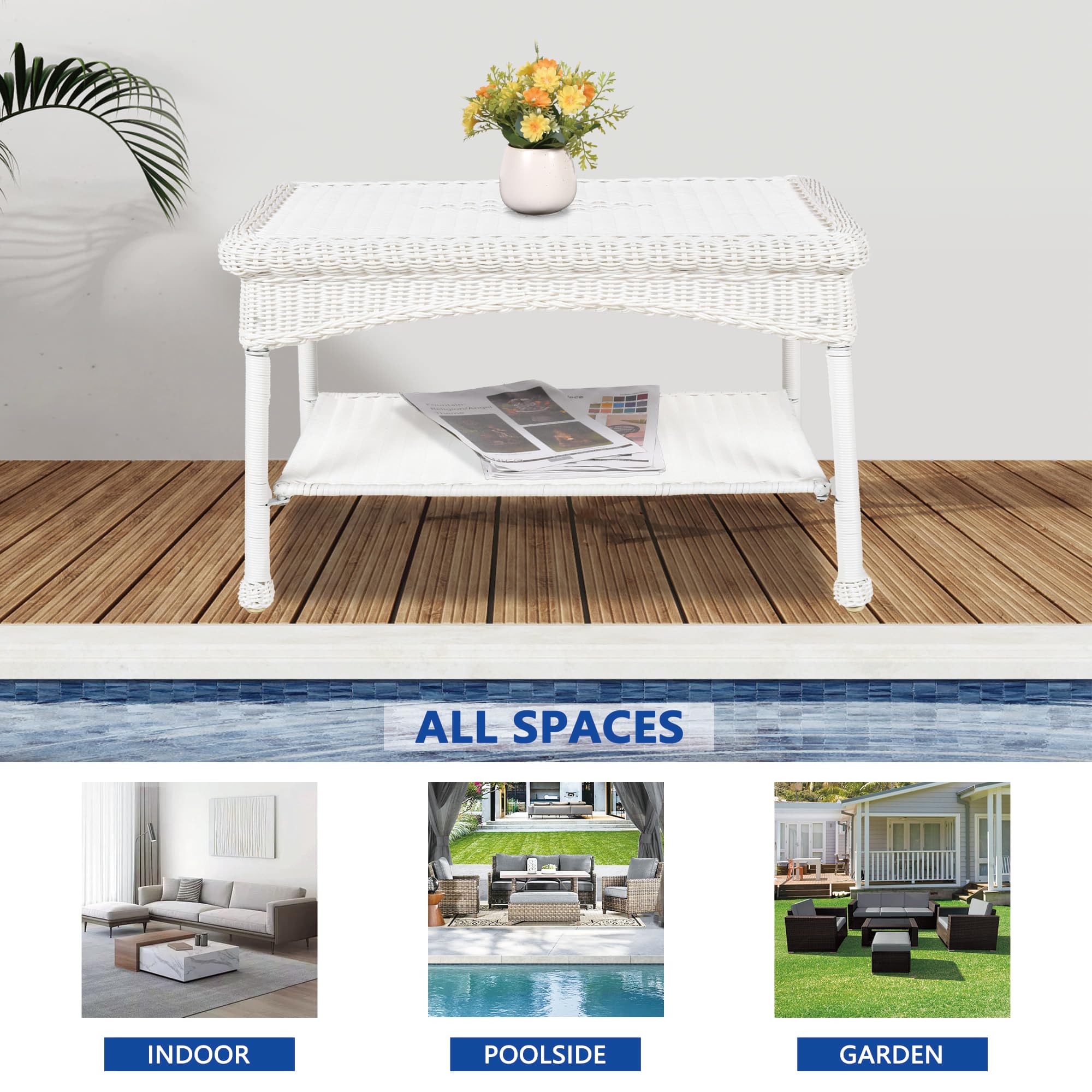 Jeco Carell White Wicker Patio Coffee Table - Outdoor Furniture for Garden, Poolside & Patio Decor