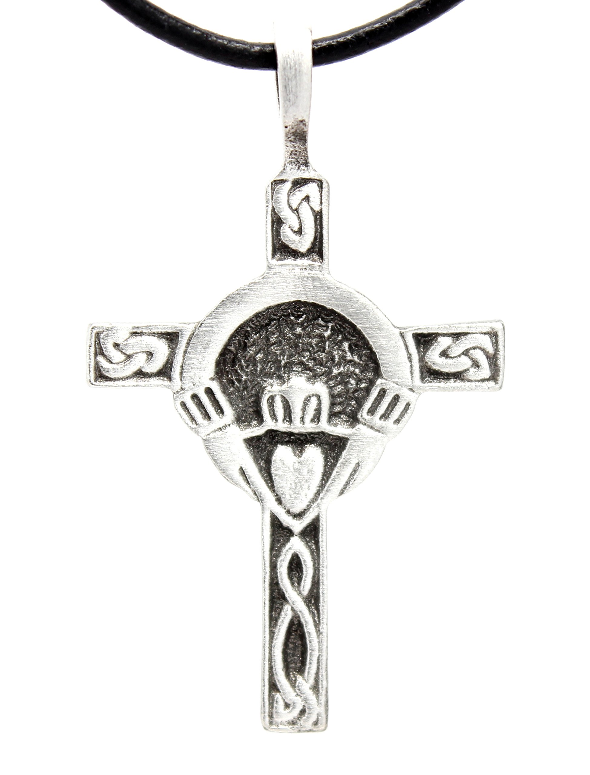 Authentic Irish Claddagh Cross Pewter Pendant on Leather Necklace | Trilogy Jewelry | Perfect for St. Patrick's Day, Irish Weddings & Celtic Gift Giving