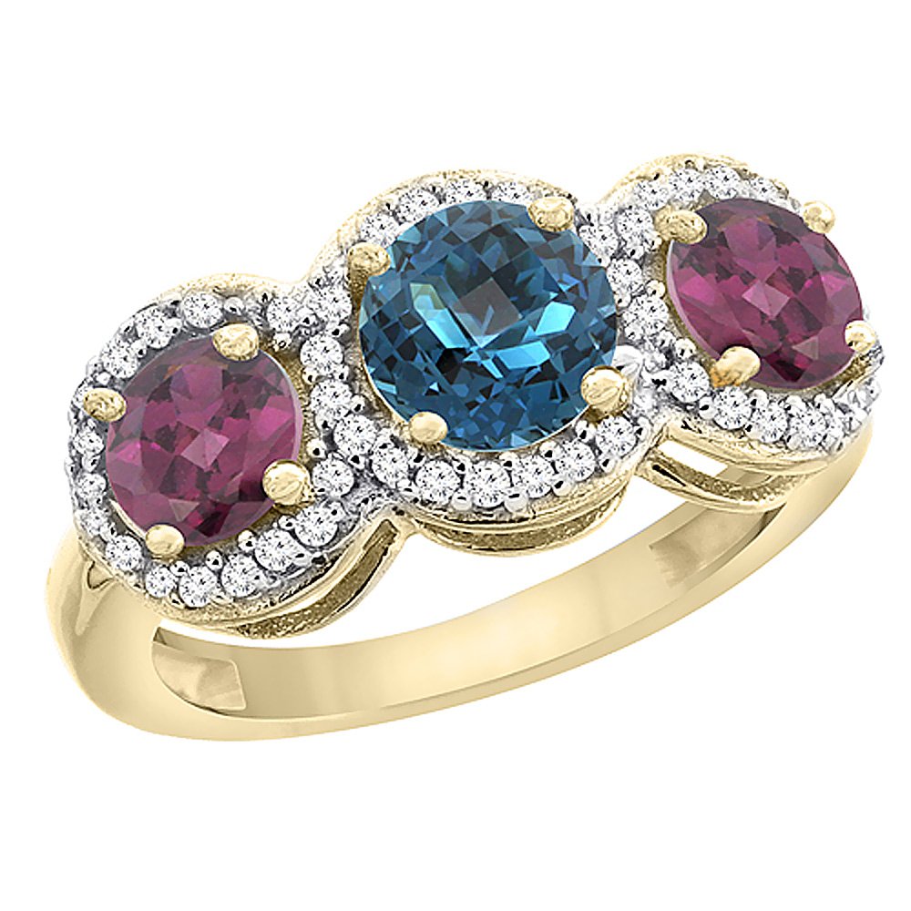 14K Yellow Gold Natural London Blue Topaz & Rhodolite Round 3-Stone Ring with Diamond Accents - Size 5-10 | Elegant Engagement, Anniversary Gift for Her, Wedding Jewelry