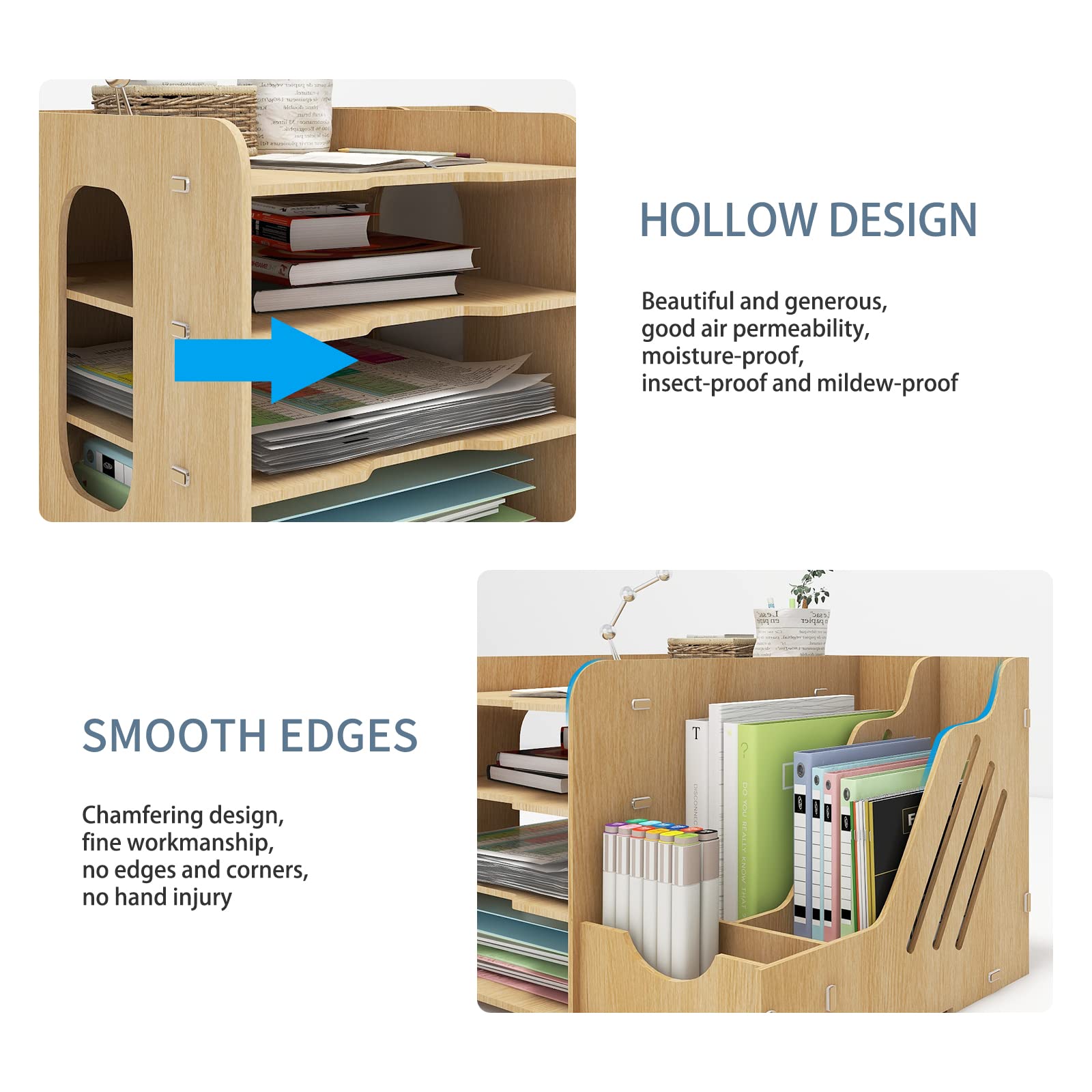 PUNCIA 4-Tier Wooden Desktop Organizer - A4 Paper File Rack with Vertical & Horizontal Holders, Office Supplies Storage Box, Mail Sorter for Desk, Tabletop Binder & Letter Trays - Perfect for Home & Office Organization