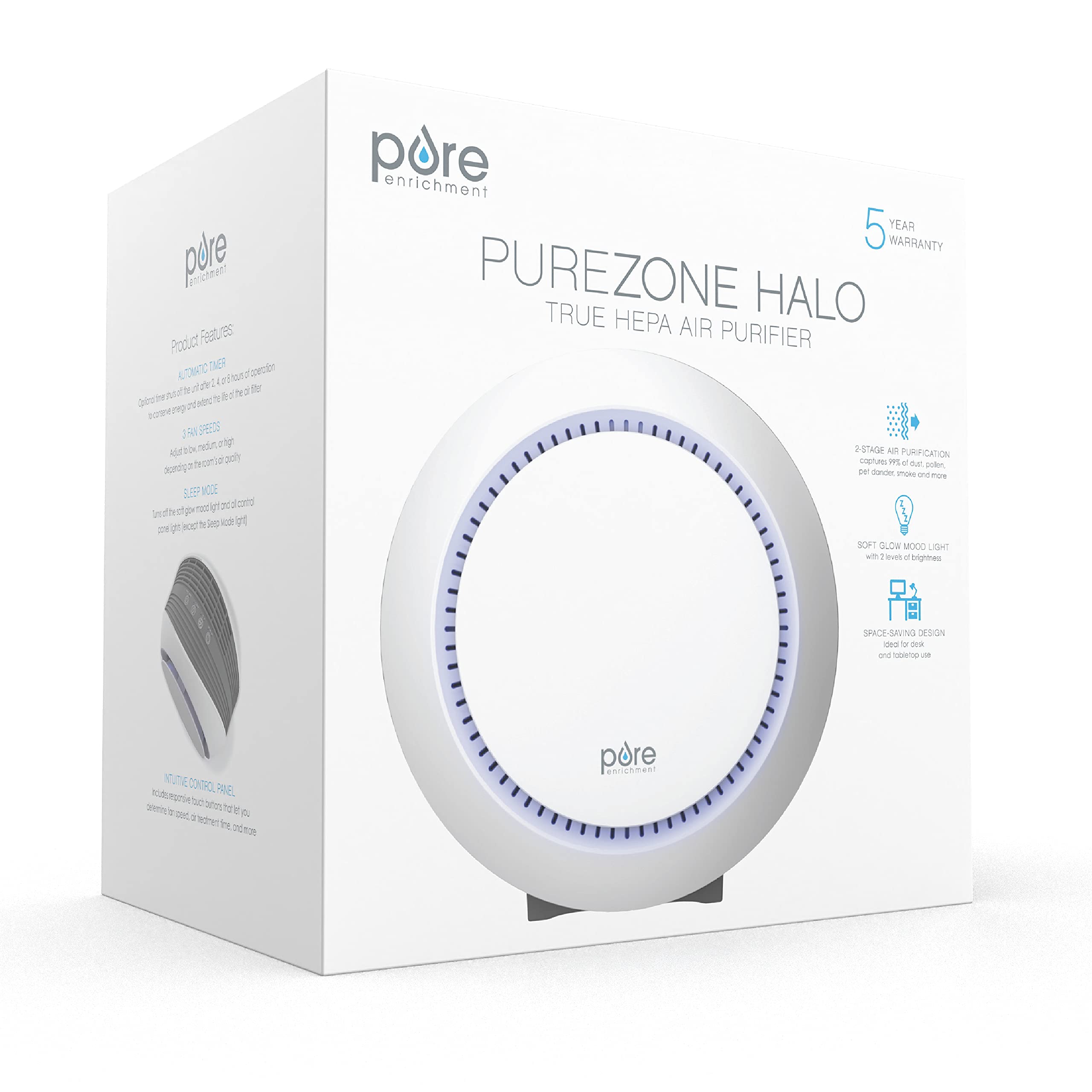 Pure Enrichment PureZone Halo Medium Room Air Purifier with 2-Stage Filtration - Removes Smoke, Pollen, Dust & Pet Dander - Compact White Air Cleaner for Bedroom, Office & Living Room - Perfect for Allergy Sufferers & Pet Owners
