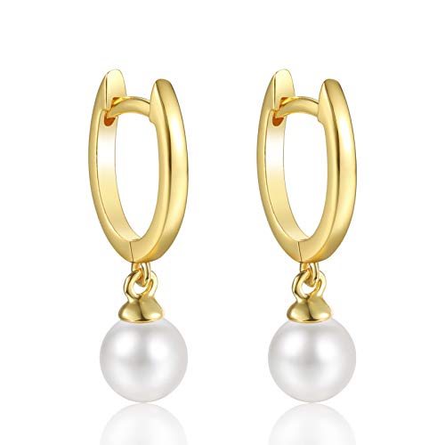 18K Gold Plated Pearl Hoop Earrings - Small Huggie Hoops for Women | Dainty Everyday Pearl Earrings | Perfect Bridesmaid Gift & Wedding Jewelry | Office Wear, Date Night & Special Occasions
