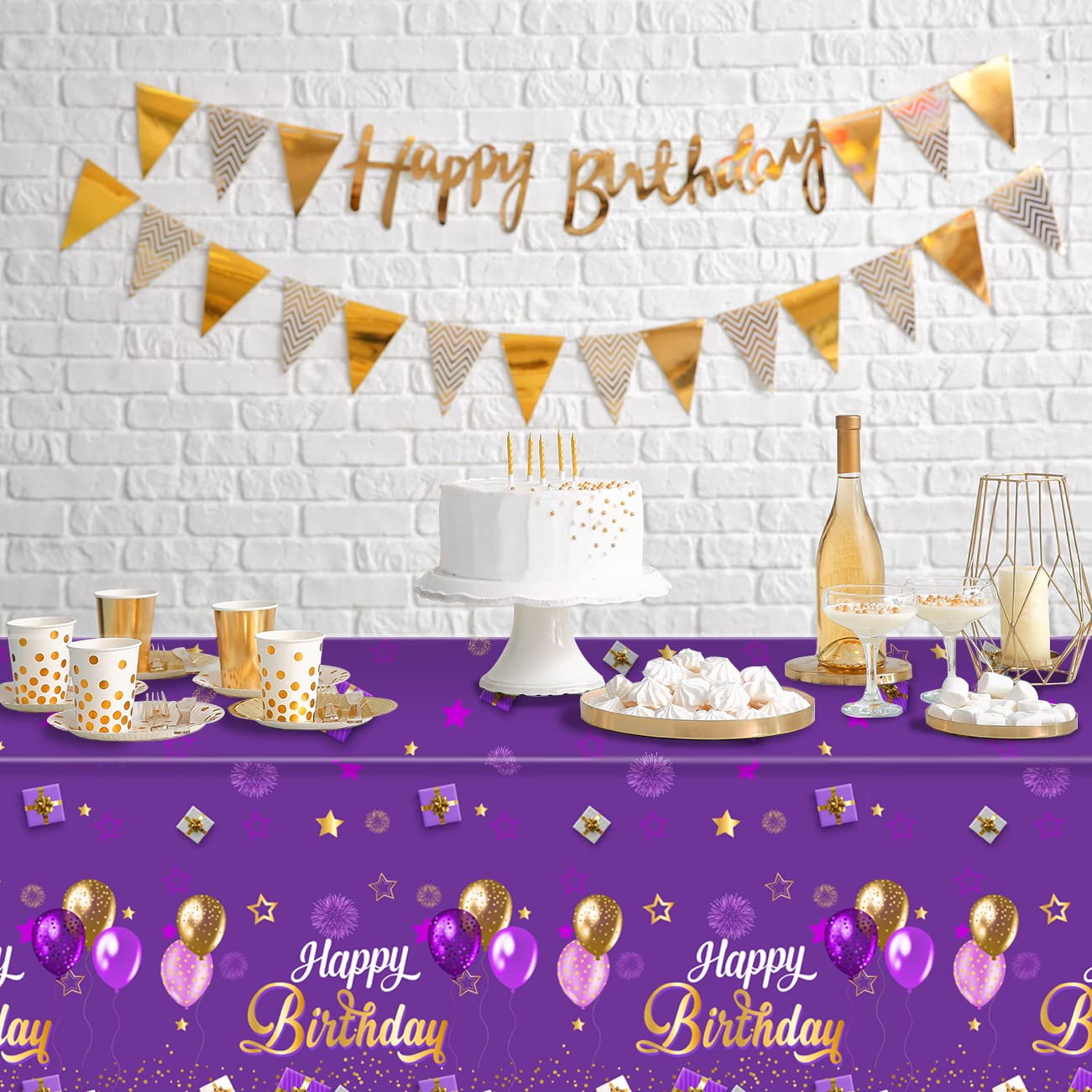 3-Pack Purple & Gold Happy Birthday Tablecloths - 43x70 Inch Disposable Plastic Rectangular Table Covers for Girls & Women | Birthday Party Decorations, Supplies | Perfect for Indoor/Outdoor Celebrations, Baby Showers & Special Events