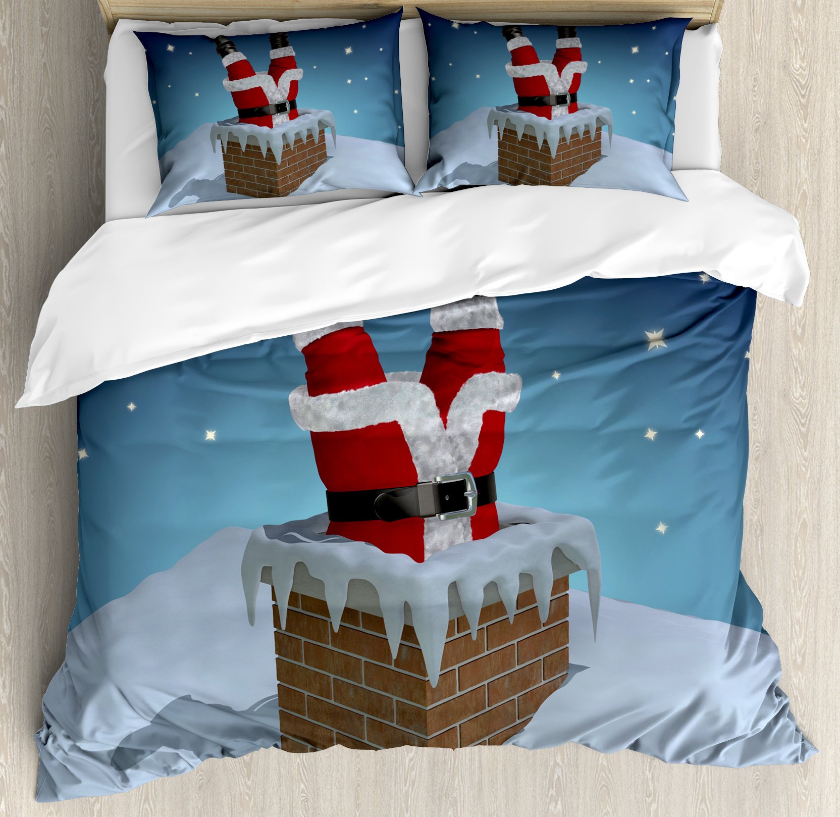 Ambesonne Santa Duvet Cover Set - King Size 3-Piece Bedding with 2 Pillow Shams | Christmas Themed Father Christmas Stuck in Chimney Design on Snowy Rooftop & Starry Night Sky | Holiday Home Decor for Bedroom, Guest Room & Christmas Party Decoration