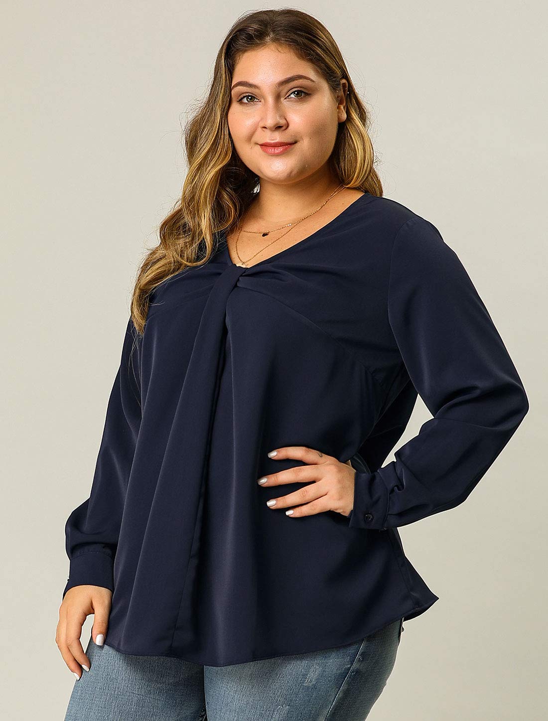 Agnes Orinda Women's Plus Size V-Neck Twist Knot Button Long Sleeve Blouse - Flowy Tunic Top for Work, Office & Casual Outfits