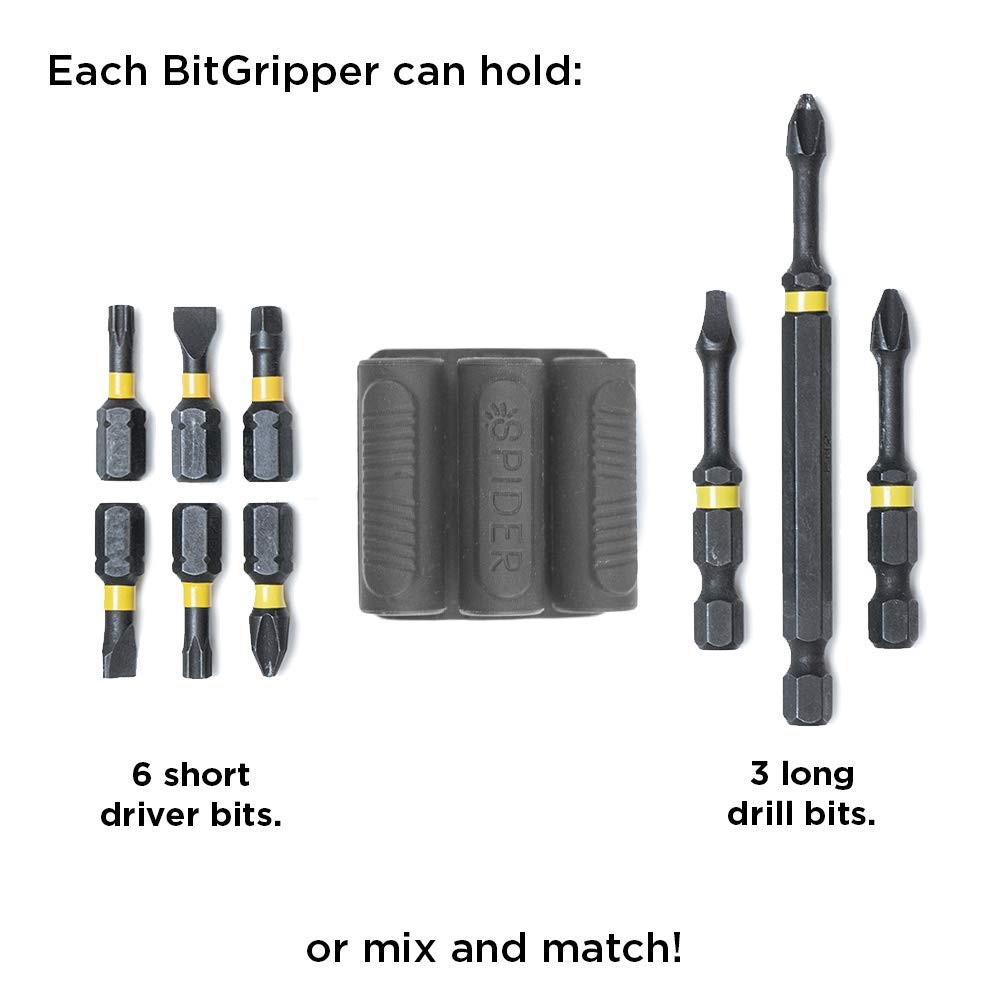 BitGripper V2 Spider Tool Holster - 4-Pack High Strength 3M Adhesive Drill Bit Holder for Power Drills & Drivers - Quick Access to 6 Driver Bits - Perfect for Construction, DIY Projects & Home Repairs