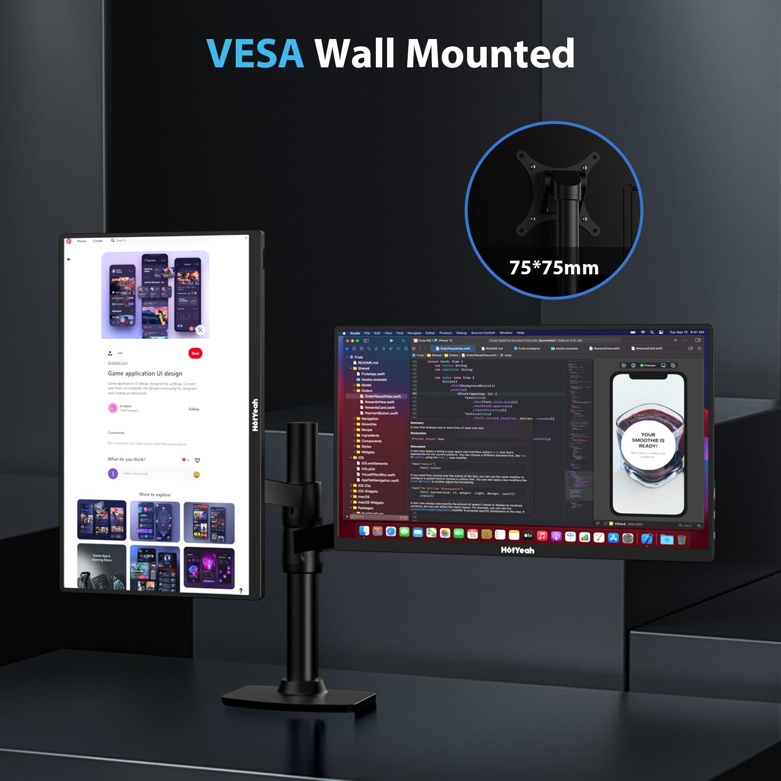 HotYeah 15.6'' 4K Portable Monitor - 3840x2160 UHD USB-C HDMI Laptop Screen with 100% Adobe RGB, HDR & FreeSync | External Computer Display with Built-in Speakers & VESA Cover | Perfect for Travel, Gaming & Office Work