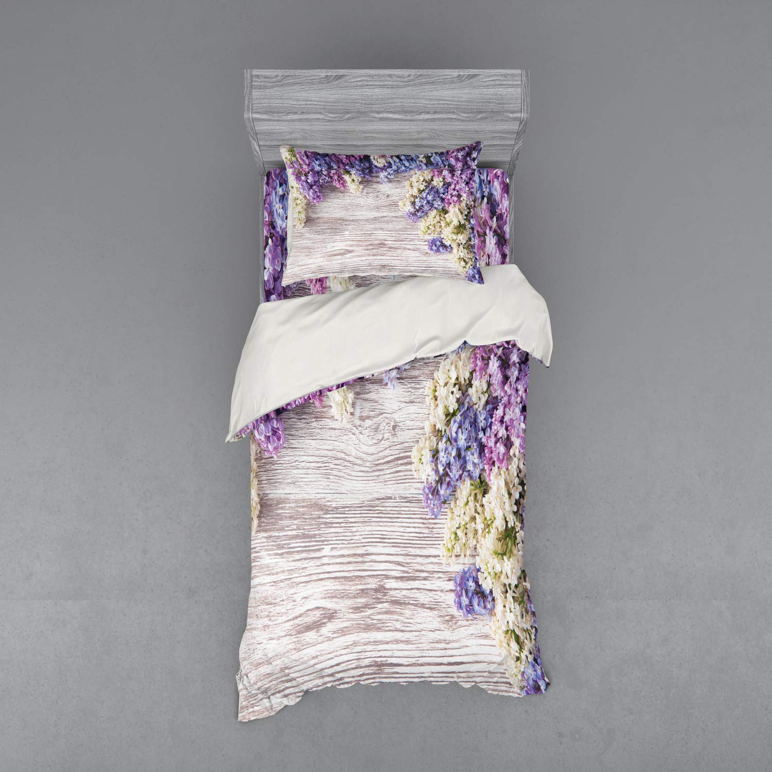 Ambesonne Rustic Bedding Set - Lilac Floral Bouquet on Wood Table Duvet Cover, 3-Piece Set with Pillow Sham & Fitted Sheet, Twin Size in Lilac/Violet/Dark Taupe | Spring Nature Romance Theme for Cozy Bedroom Decor