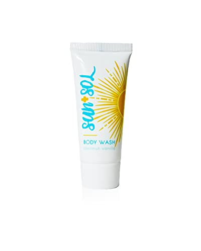 Sun + Sol Bulk Refreshing Body Wash with Warm Coconut & Vanilla Fragrance - Travel Size (1 oz, 50 Count) - Mini Hotel Amenities & Toiletries for Guests, Spa, Gym, Vacation Essentials