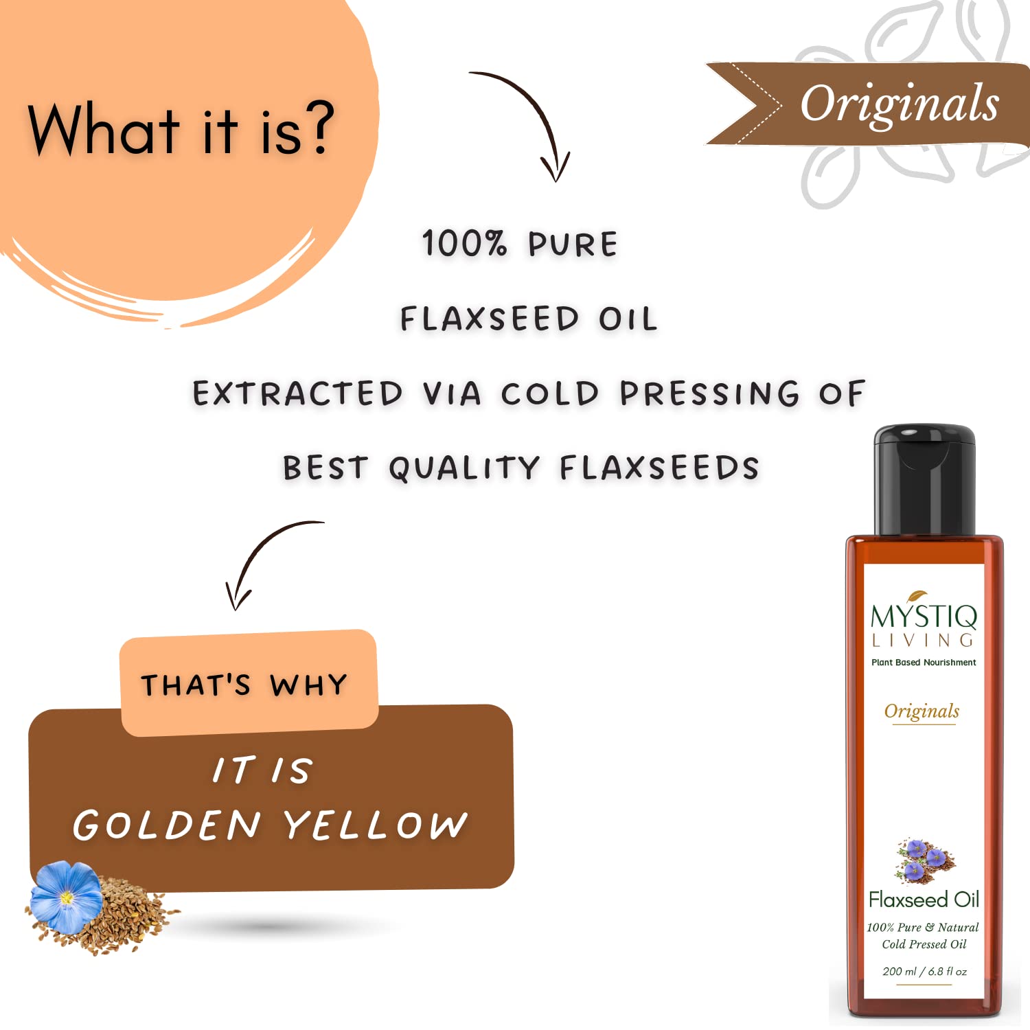 Pure Cold Pressed Flaxseed Oil (Alsi Tel) with Omega-3 for Healthy Hair, Skin & Body - 100% Natural, 200ml | Supports Heart Health, Glowing Skin & Hair Growth | Perfect for Smoothies, Salad Dressings & Skincare Routines