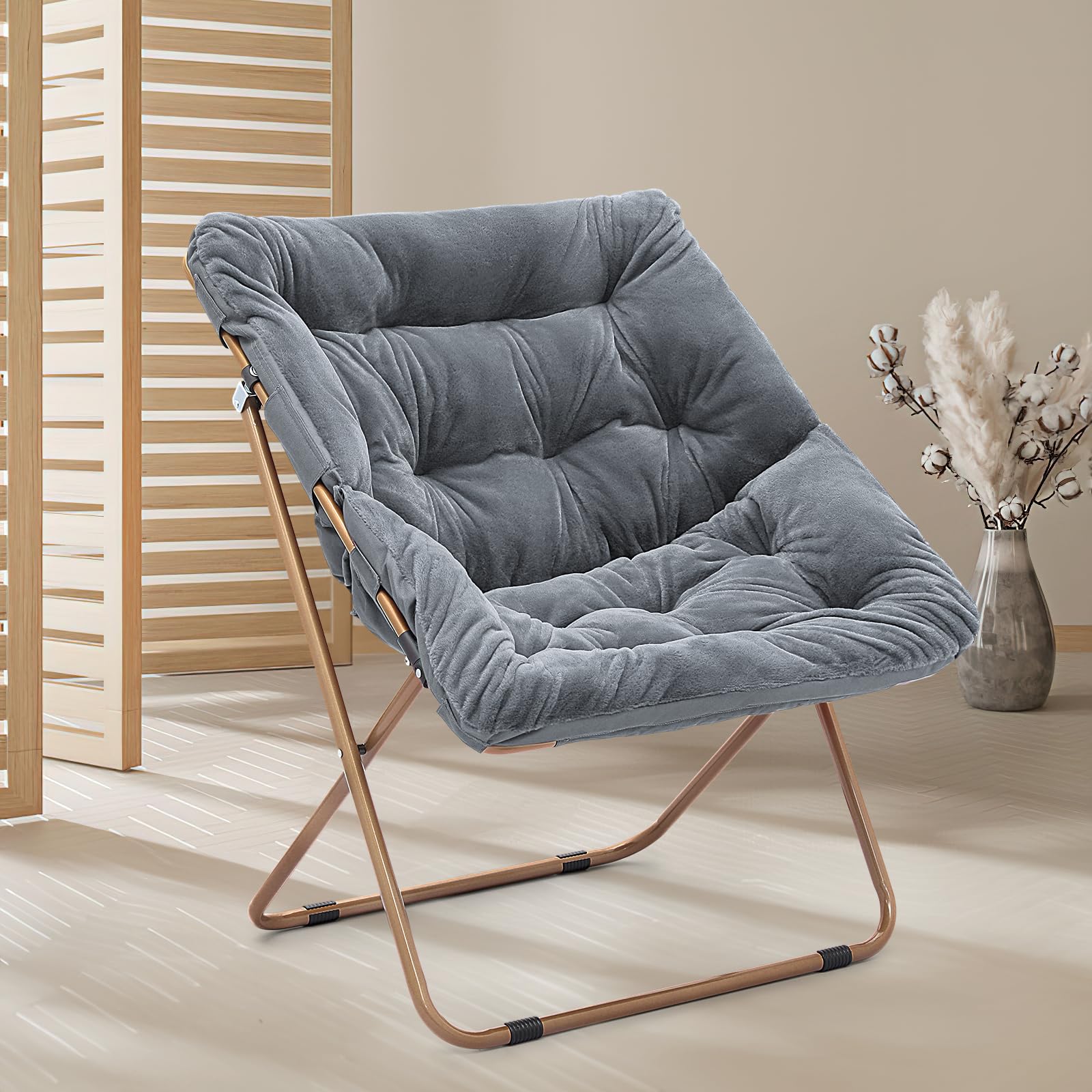 Magshion Square Saucer Chair for Adults - Oversized Foldable Cozy Lounge Chair with Sturdy Metal Frame, Perfect for Bedroom, Living Room, Dorm & Apartment (Grey) | Ideal for Relaxing, Reading & Lounging at Home