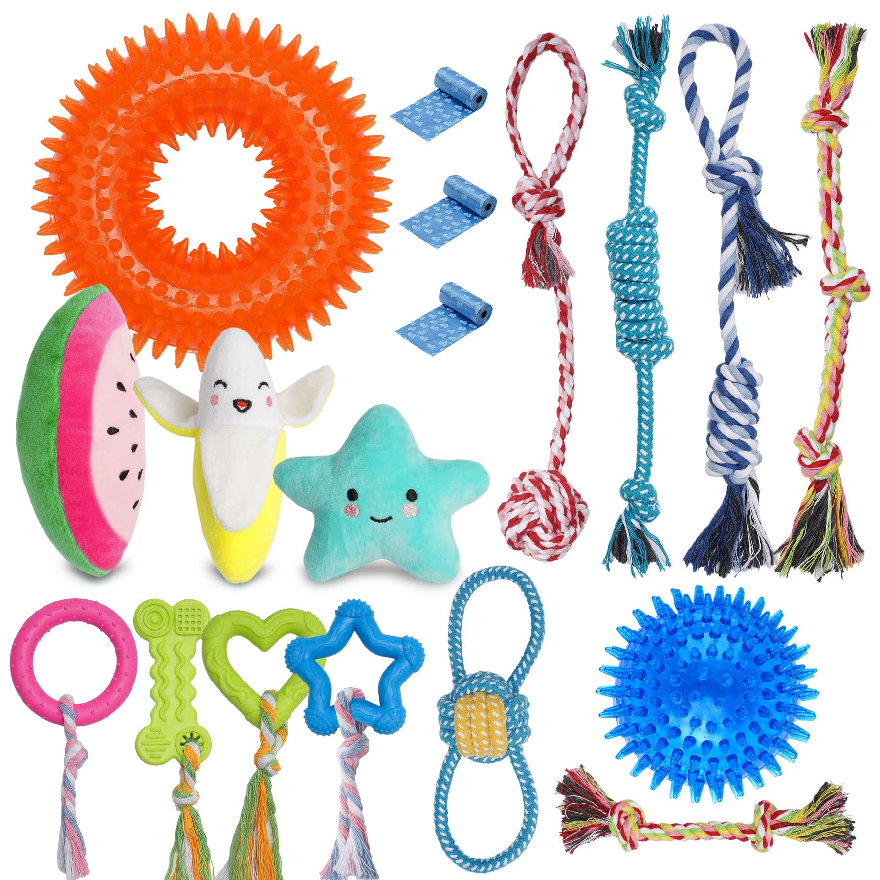 KIPRITII 18 Pack Puppy Chew Toys for Teething – Rope Toys, Squeaky Toys & Bite Toys for Small Dogs – Durable Dog Toys for Puppy Training, Playtime & Dental Health