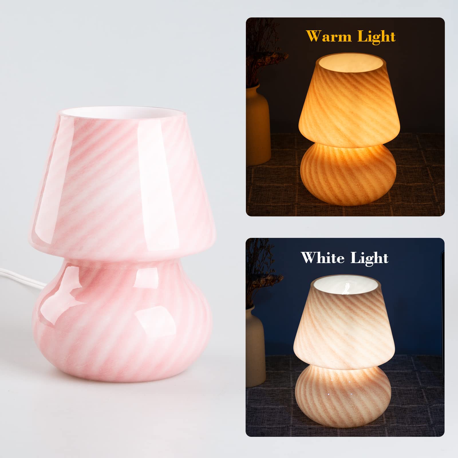 COOSA Mushroom Lamp - Stepless Dimmable Glass Table & Bedside Night Light, Translucent Striped Small Ambient Lighting for Kids Bedroom, Living Room Decor, Unique Gift for Girls (Stripe Pink) | Perfect for Cozy Nights, Reading Nook & Nursery Decor