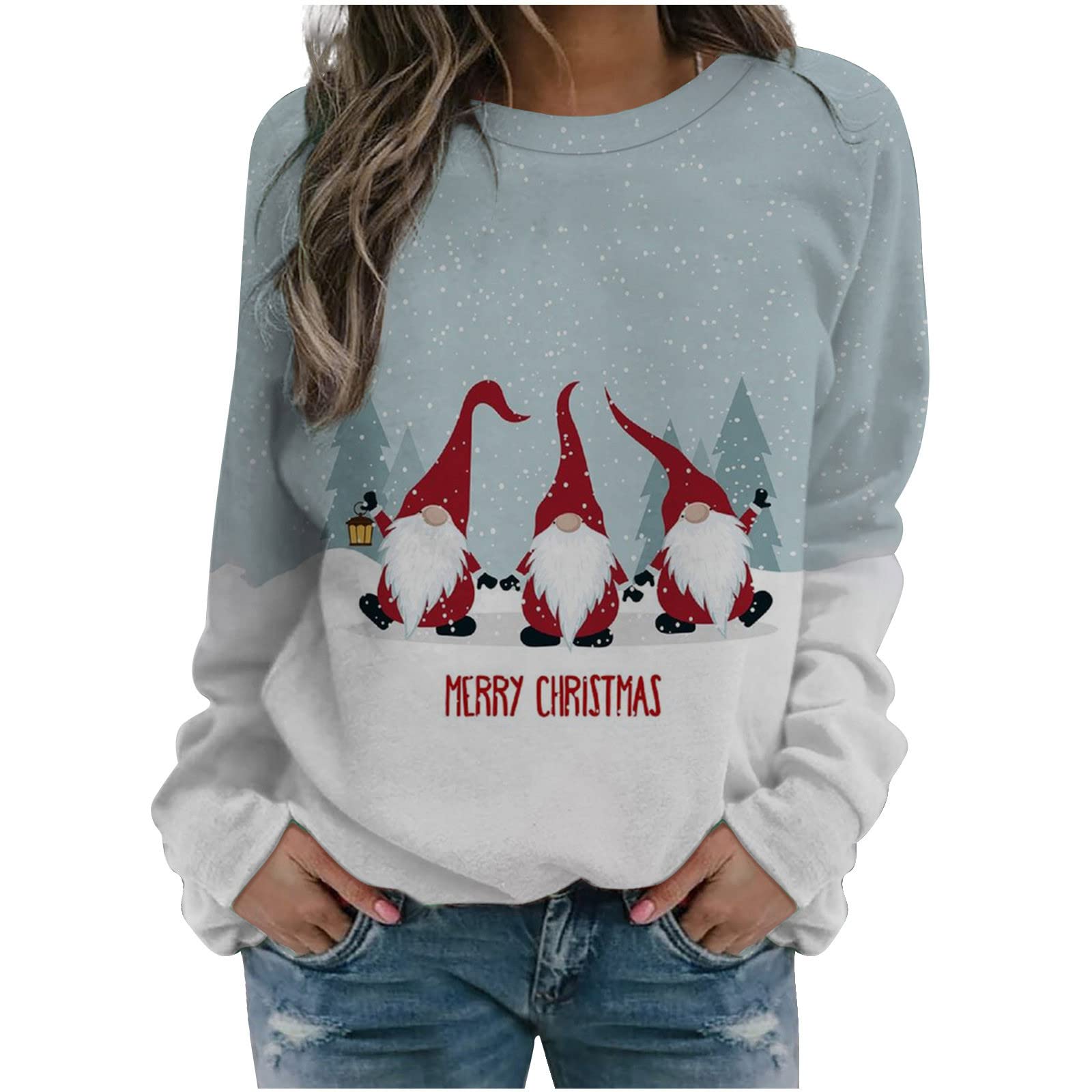 FunAloe Women's Christmas Crewneck Sweatshirt - Long Sleeve Holiday Pullover with Elk, Snowman & Xmas Tree Designs - Cozy Lightweight Longline Sweater for Winter Parties, Family Gatherings & Festive Outfits
