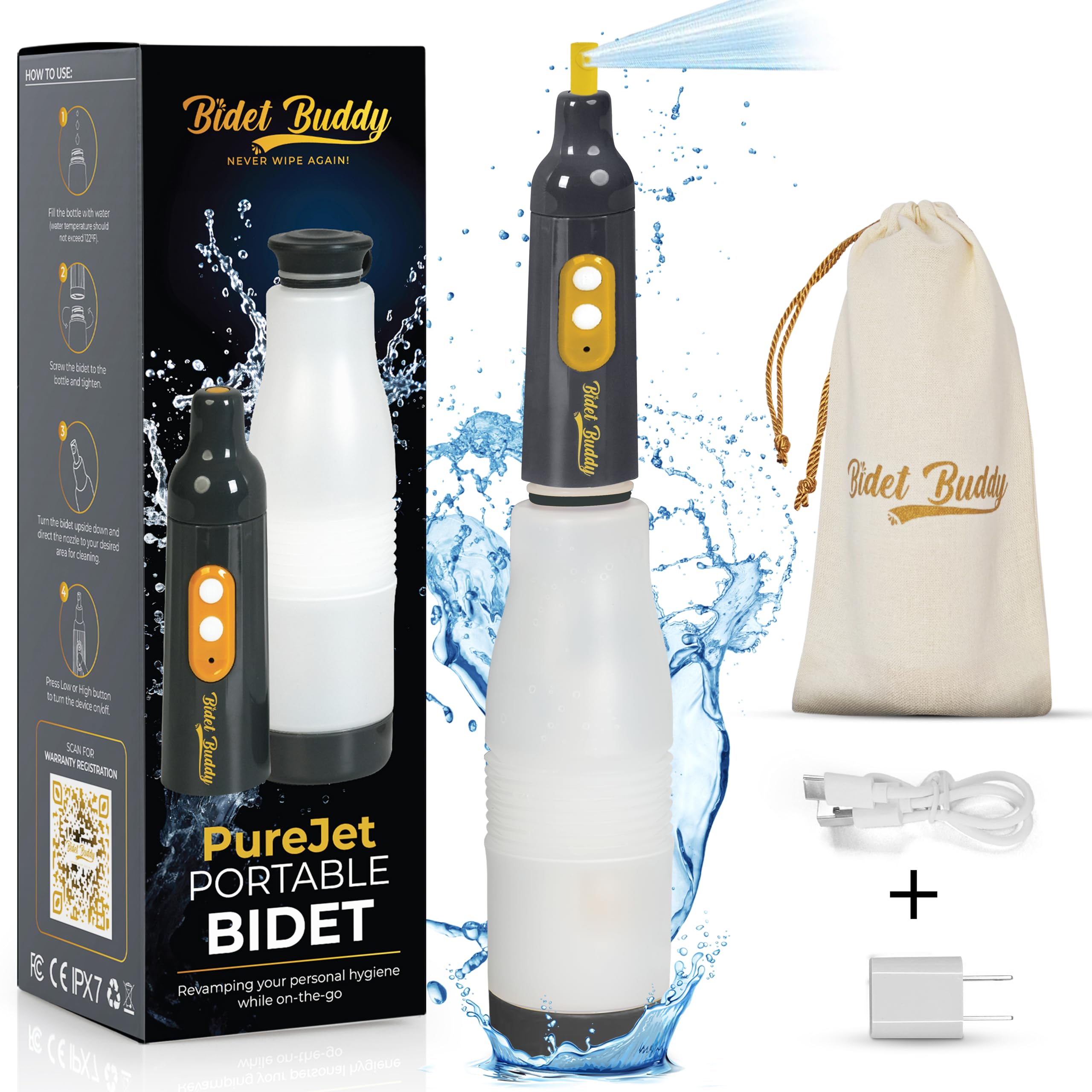 BIDET BUDDY® PureJet Portable Travel Bidet - 400ml/min High Flow, 500mAh Rechargeable Battery, 550ML Water Bottle, IPX7 Waterproof, USB-C Fast Charging | Compact & Powerful Handheld Bidet for Camping, Hiking, Road Trips & Emergency Preparedness (Grey)