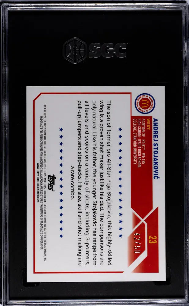 2023 Topps Chrome McDonald's All American Andrej Stojakovic Gold Refractor SGC 10/50 - Rare Basketball Trading Card for Collectors & Investors