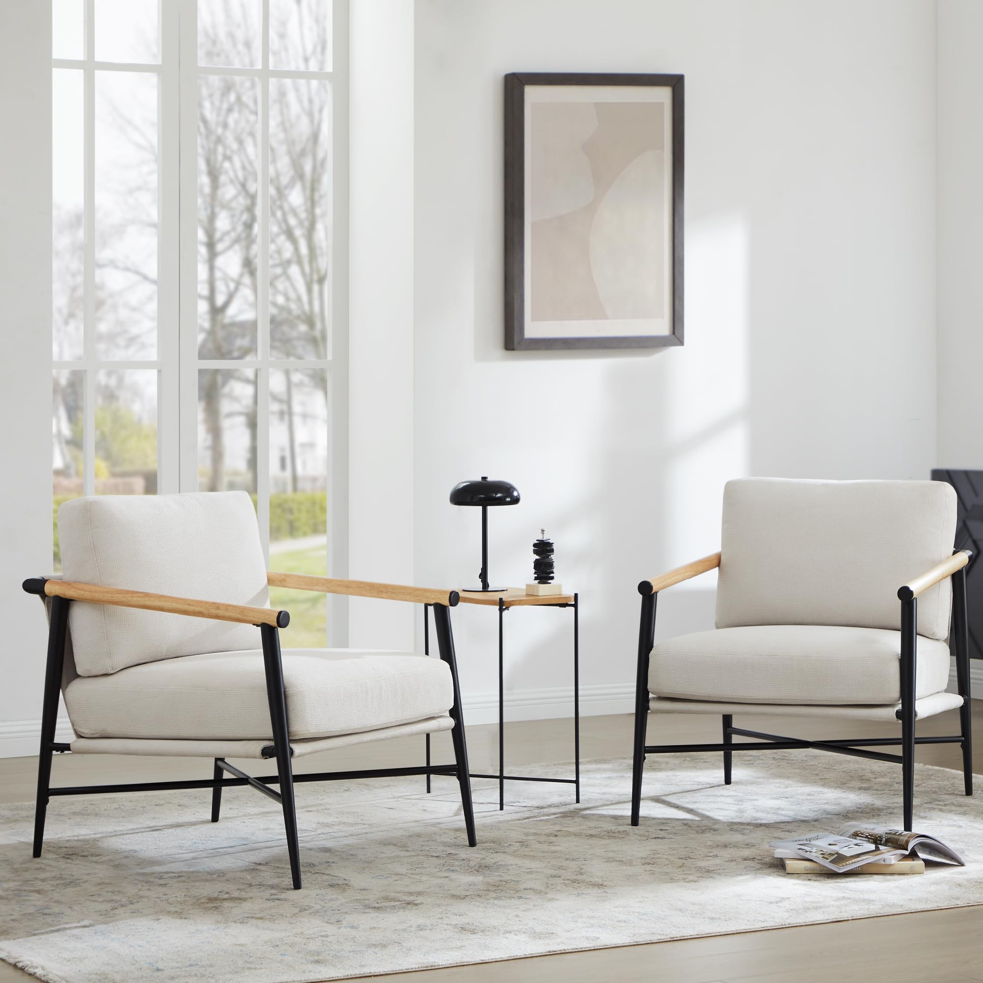 Watson & Whitely Mid Century Modern Accent Chair - Upholstered Lounge Armchair with Sturdy Metal Frame & Wooden Armrests - Comfortable Reading Chair for Living Room, Bedroom, Office - Perfect for Relaxing, Reading & Home Decor (White)