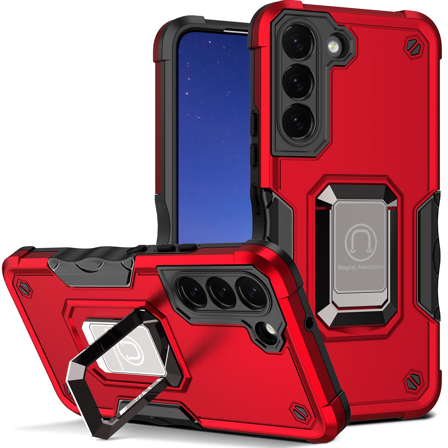 Shockproof Phone Case for Samsung Galaxy S22+ 5G with Ring Stand - RS6 Red - Perfect for Work & Travel