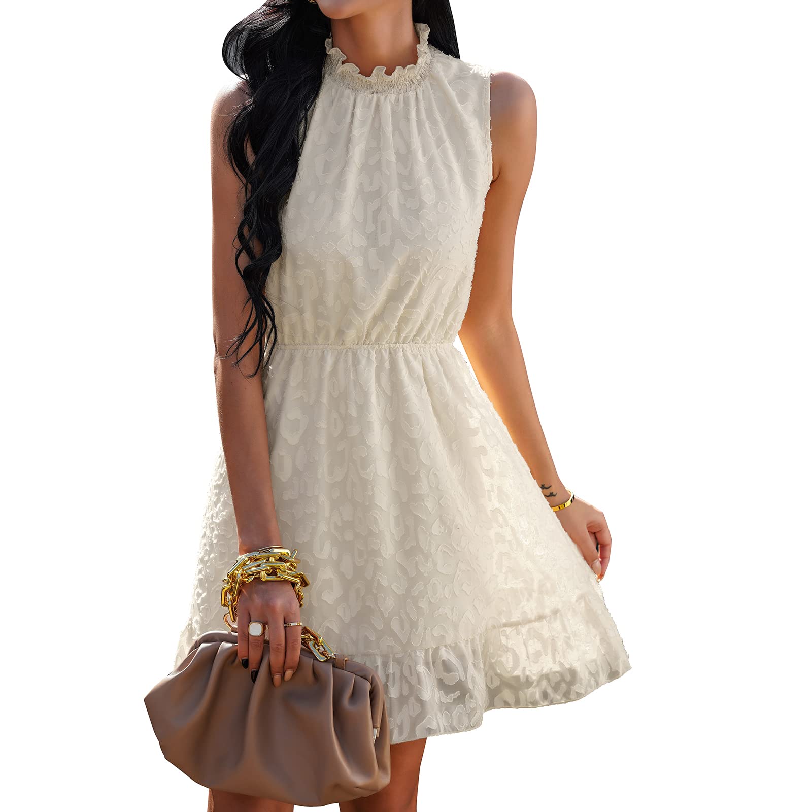 Vintage Floral Chiffon Lace Dress for Women - Sleeveless High Neck A-Line Mini Dress, Elegant Wedding Guest Dress & Summer Party Cocktail Attire