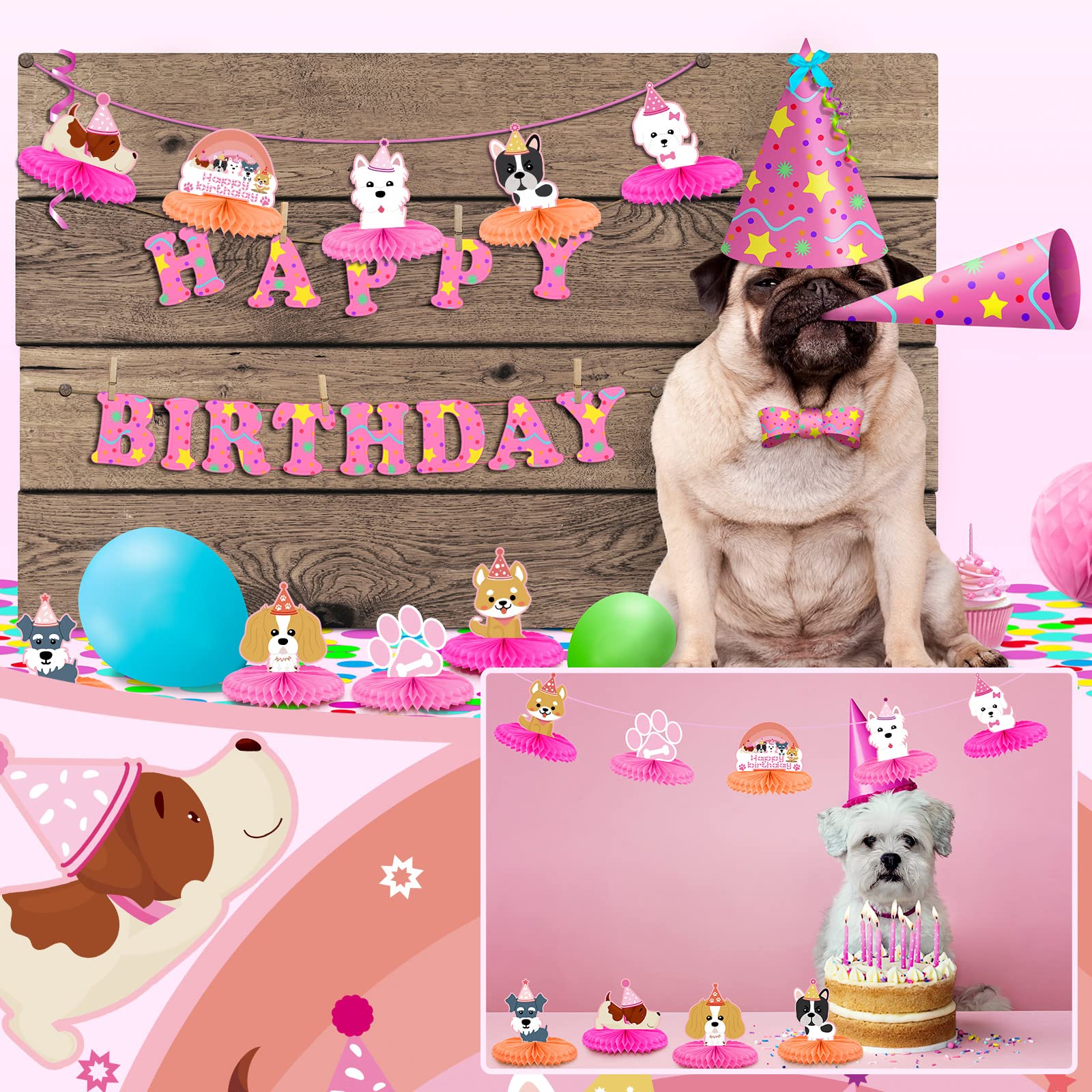 9 Pcs Pink Honeycomb Dog Themed Party Decorations - Puppy Birthday Party Supplies, Dog Party Favors & Centerpieces for Puppy Shower, Dog Birthday Party Decorations