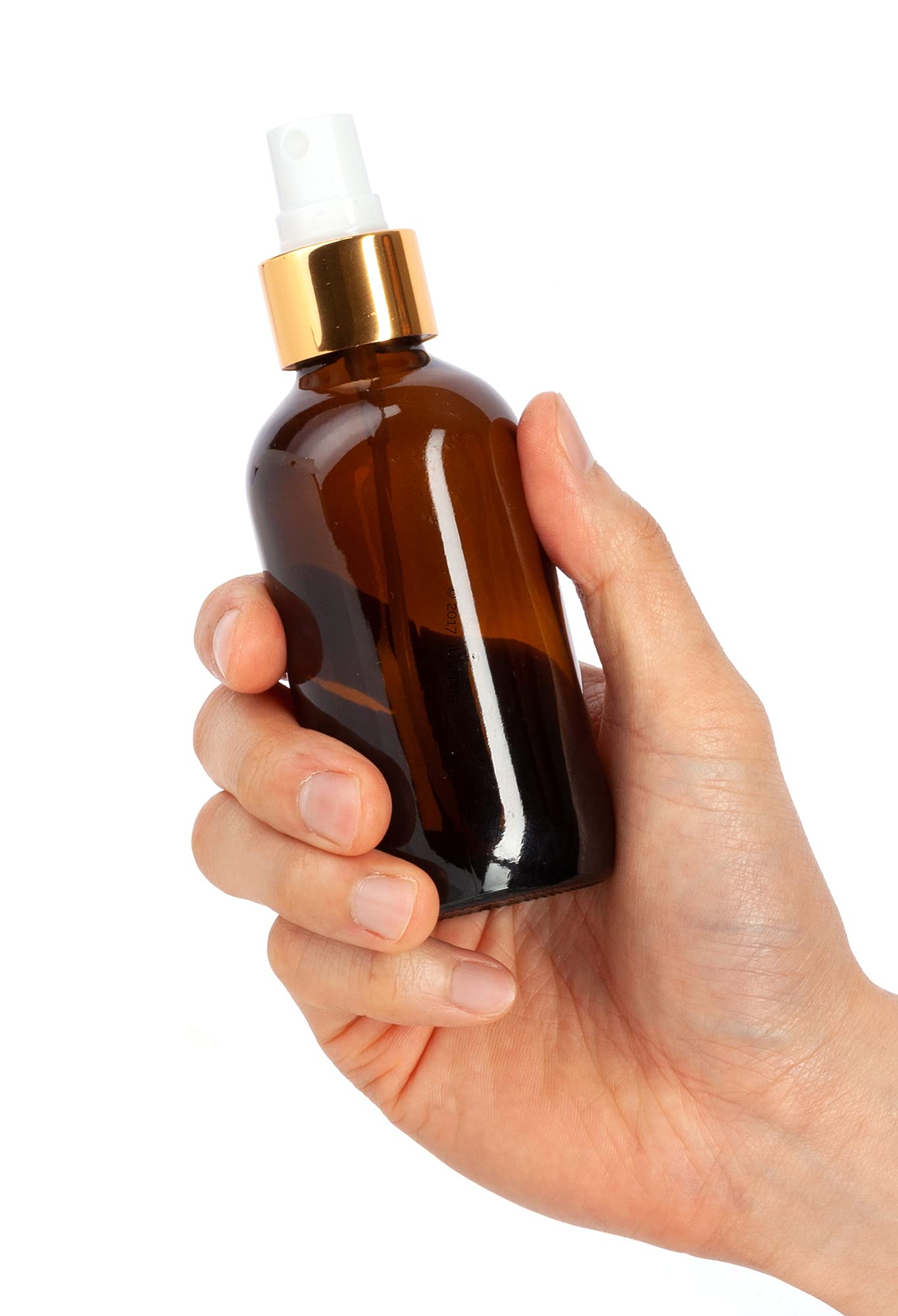 JUVITUS 4 oz Amber Glass Boston Round Bottle with Gold Fine Mist Sprayer - 12 Pack with Free Funnel - Perfect for Essential Oils, Perfumes & DIY Skincare Products