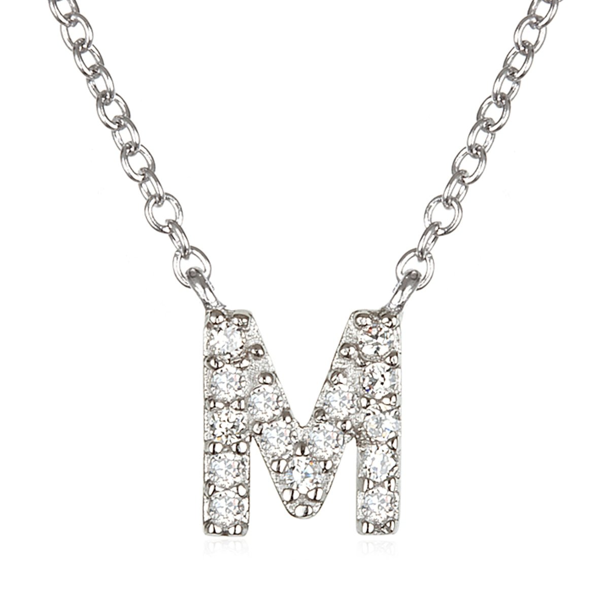 CHELINE White CZ Initial M Necklace - 18 Inch Sterling Silver Chain - Elegant Personalized Jewelry Gift for Women - Perfect for Birthdays, Anniversaries & Special Occasions