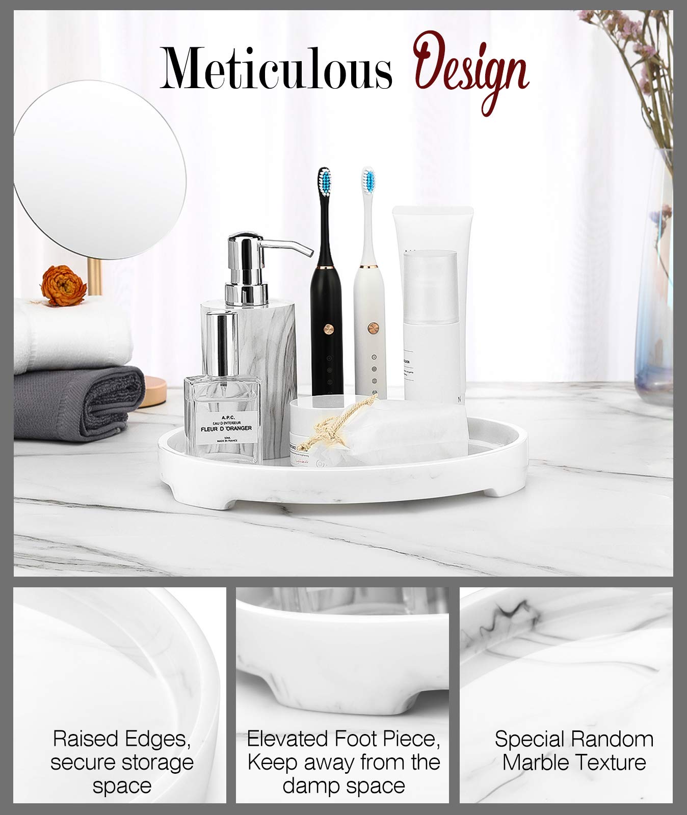 MoKo White Marble Resin Vanity Tray - Round Decorative Perfume & Jewelry Organizer for Dresser, Bathroom, Bedroom | Perfect for Cosmetics Storage, Toilet Tank Decor & Kitchen Counter Display