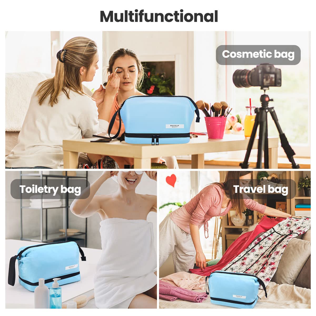 Aucenix Large Capacity Makeup Bag Organizer for Women & Men - Double Layer Travel Cosmetic Case with Zipper, Perfect for Toiletries & Makeup Storage (Blue) | Ideal for Travel, Gym, Daily Use & Cosmetics Organization