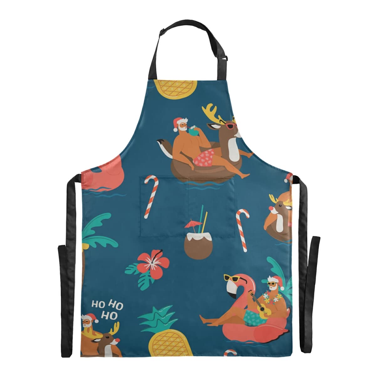Waterproof Christmas Santa Reindeer Flamingo Bib Apron - Adjustable Straps & Large Pocket for Painting Party, Bar, Kitchen - Funny Holiday Apron Gift for Adults, Stepdad (Great for Cooking, Grilling, DIY Crafts & Festive Celebrations)