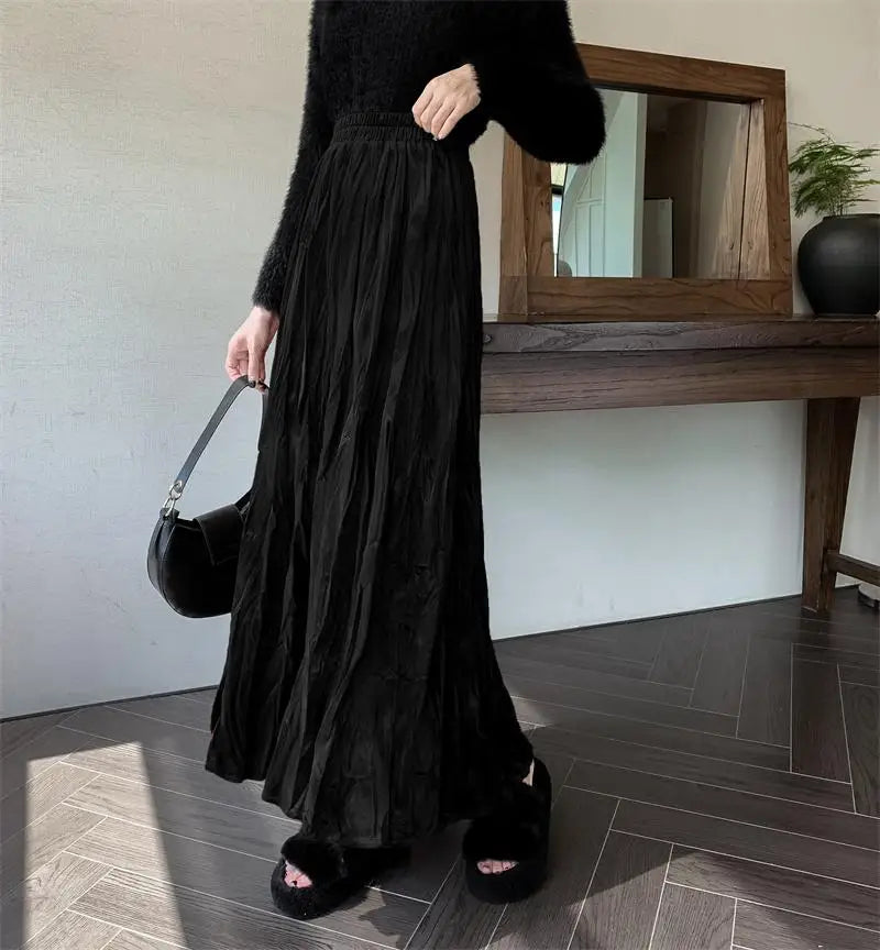Women's High Waist Velvet Pleated Long Skirt - Black, Red & Brown Korean Style Elastic Waistband for Autumn Winter | Elegant Party, Vacation & Office Wear