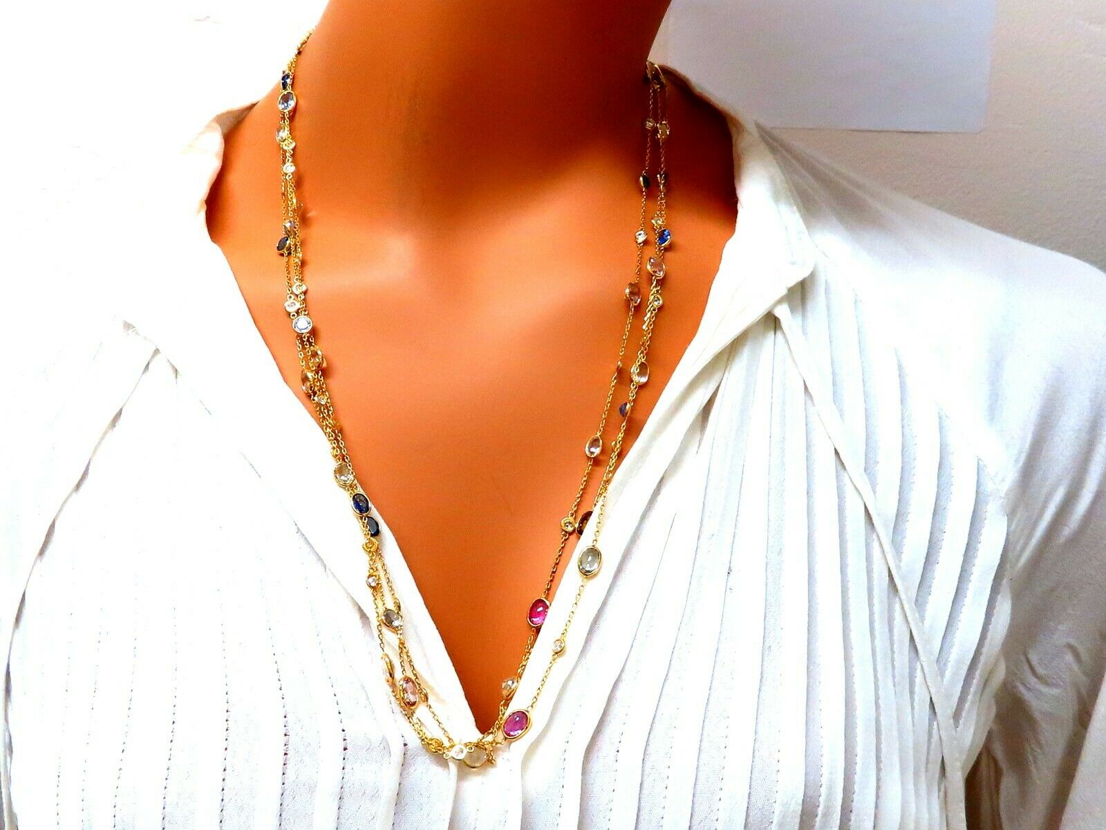 43.05ct Natural Vivid Blue Sapphire and Diamond 14K Gold 4-Tier Wrap Necklace - 76 Inch Luxury Statement Jewelry for Weddings & Special Occasions
