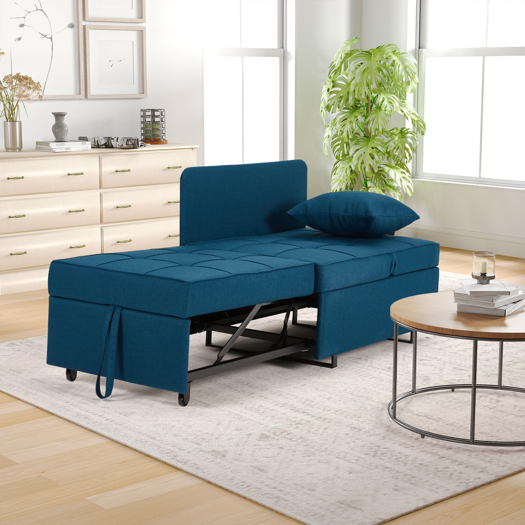 EROMMY 3-in-1 Convertible Futon Sofa Bed with Reclining Backrest - Peacock Blue Linen Fabric - Living Room Lounge Chair, Guest Bed & Recliner for Small Spaces, Apartments and Dorm Rooms