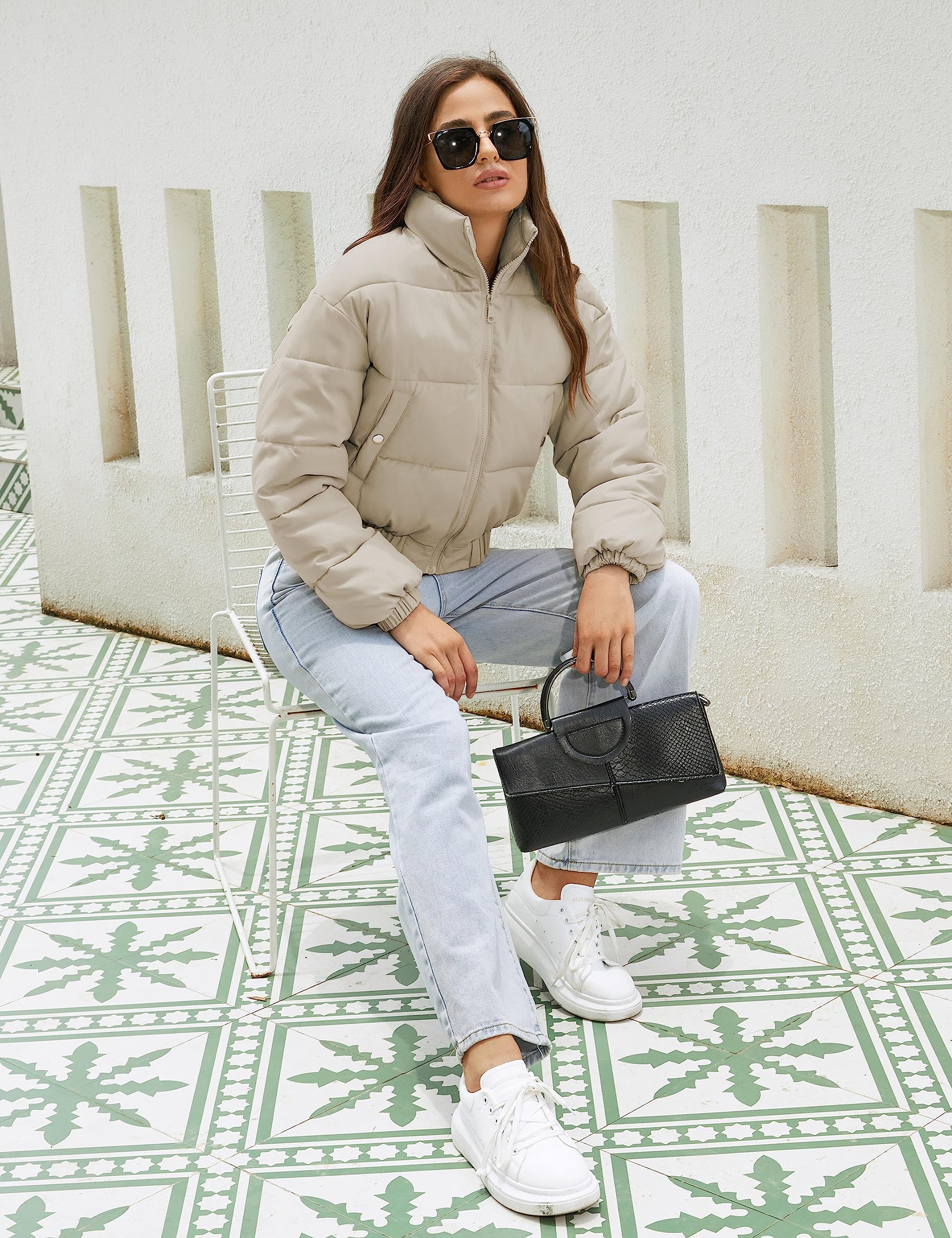 Hooever Women's Cropped Puff Jacket - Winter Stand Collar Quilted Bubble Coat with Full Zipper | Warm Outerwear for Casual Outings, Street Style & Cold Weather Fashion