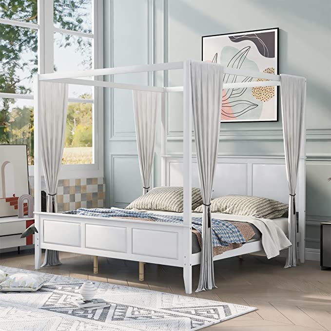 King Size Wooden Canopy Bed Frame with Headboard & Footboard - No Box Spring Needed - White Platform Bed for Master Bedroom & Guest Room Decor